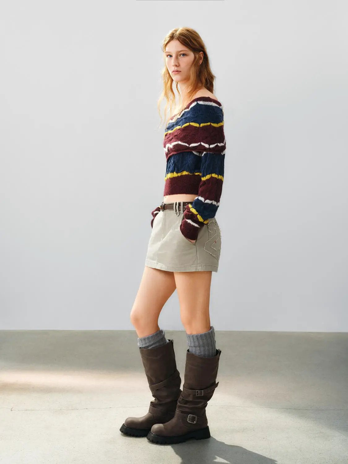 Cropped Striped Textured Long Sleeve Knit Sweater