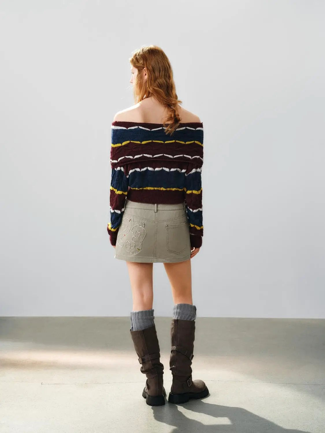 Cropped Striped Textured Long Sleeve Knit Sweater