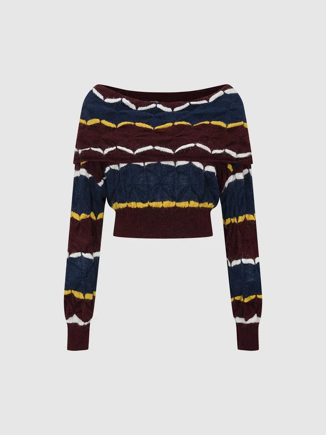 Cropped Striped Textured Long Sleeve Knit Sweater