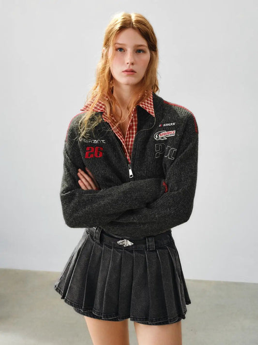Graphic Knit Mock Neck Cropped Long Sleeve Jacket