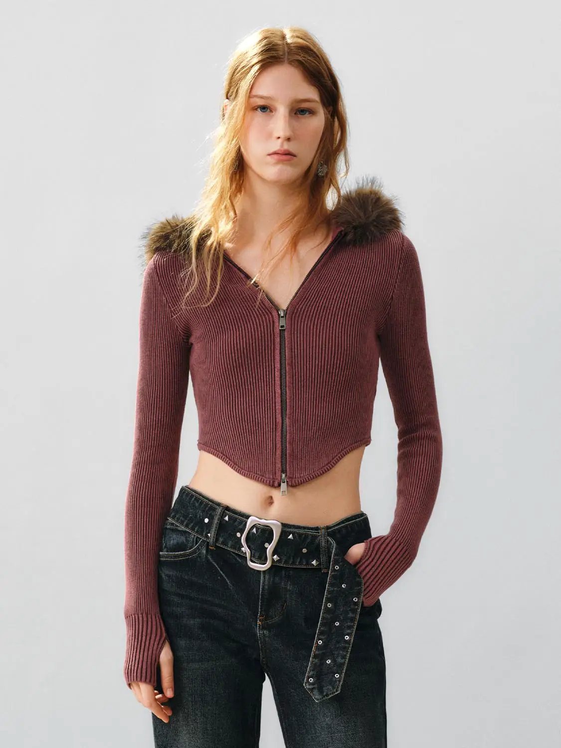 Ribbed Cotton Long Sleeve Fur Collar Zip Hooded Jacket