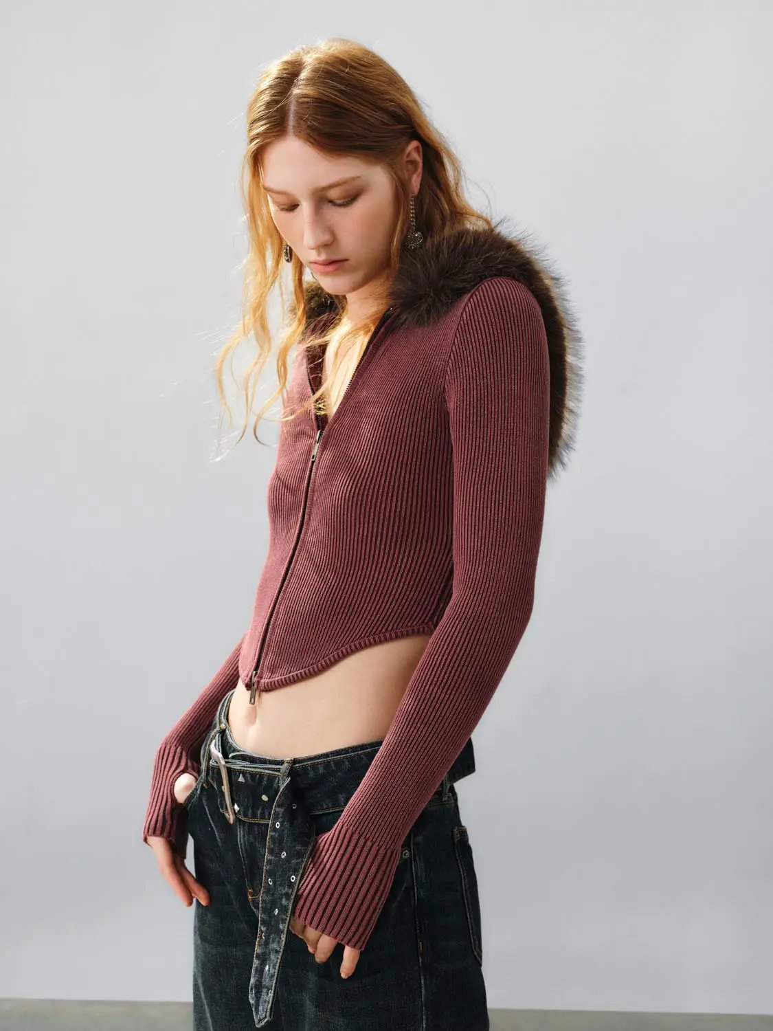 Ribbed Cotton Long Sleeve Fur Collar Zip Hooded Jacket