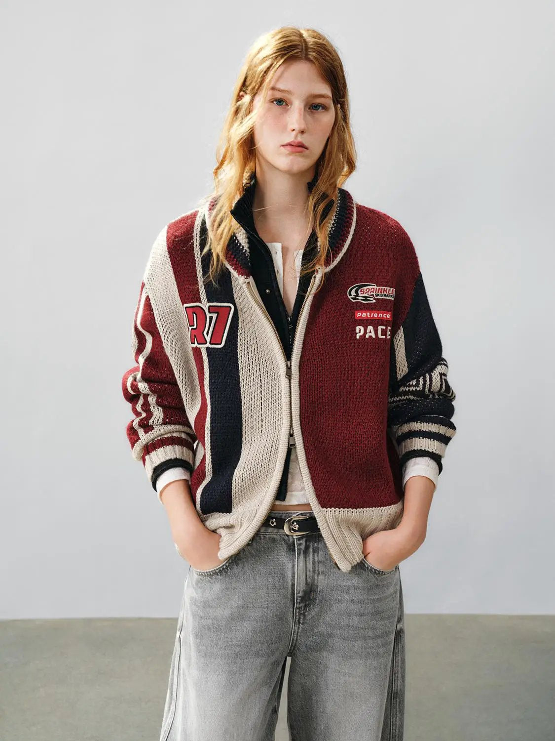 Zip Front Striped Oversized Long Sleeve Knit Jacket