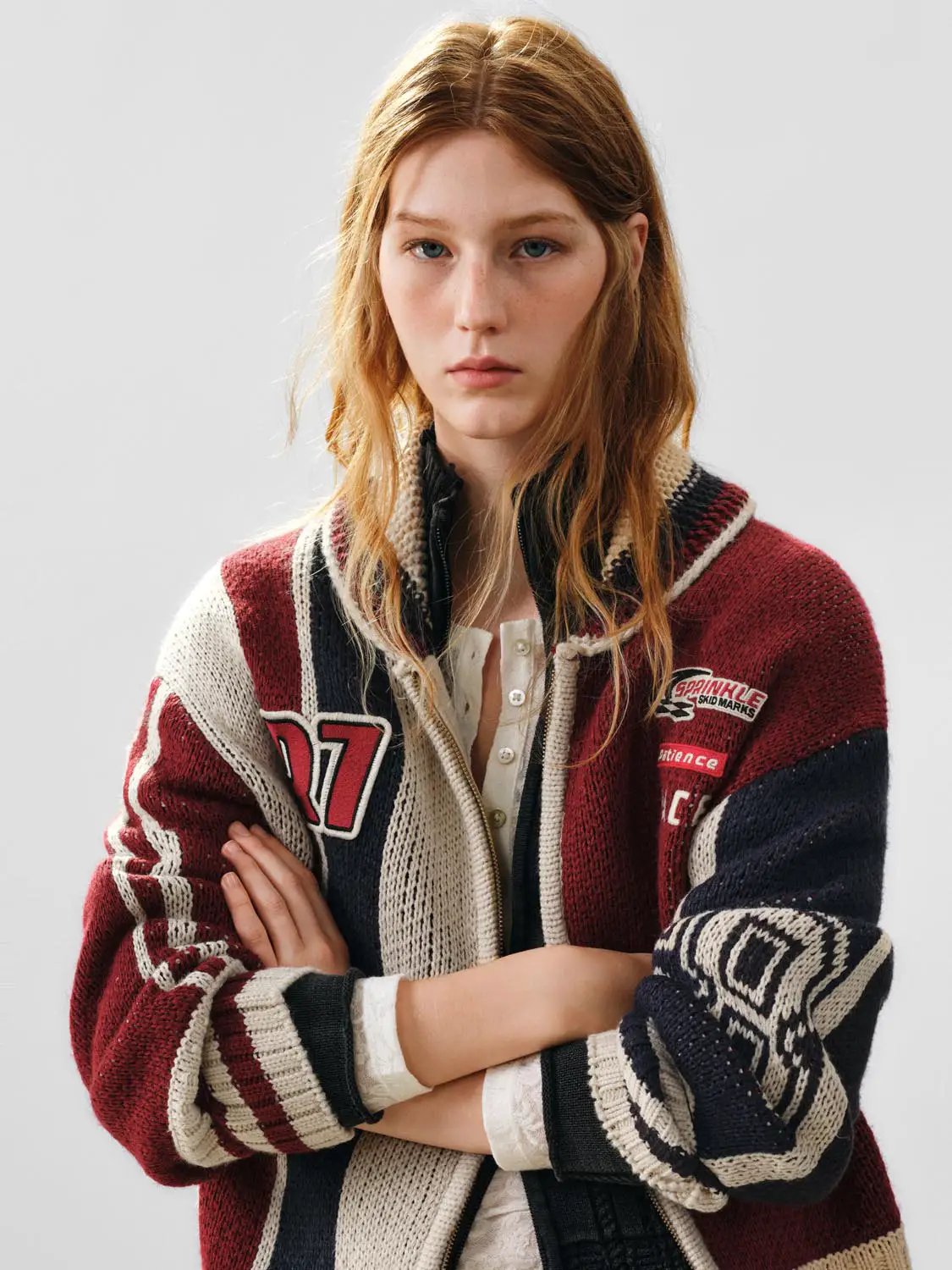 Zip Front Striped Oversized Long Sleeve Knit Jacket
