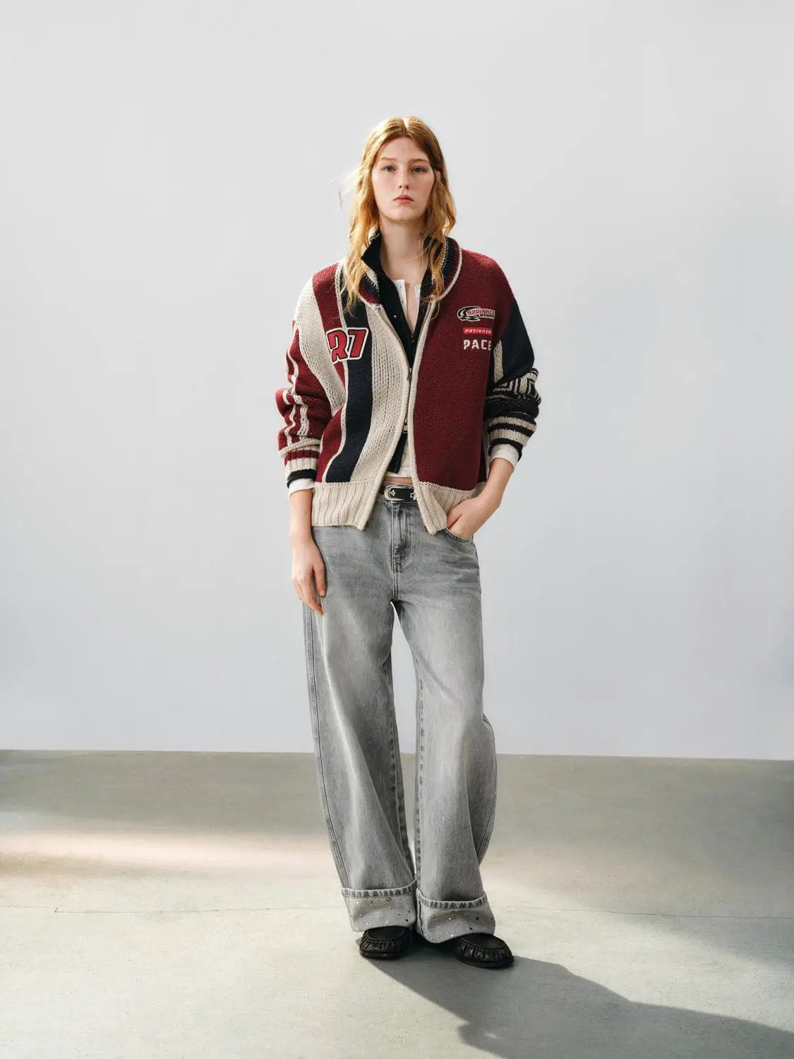Zip Front Striped Oversized Long Sleeve Knit Jacket