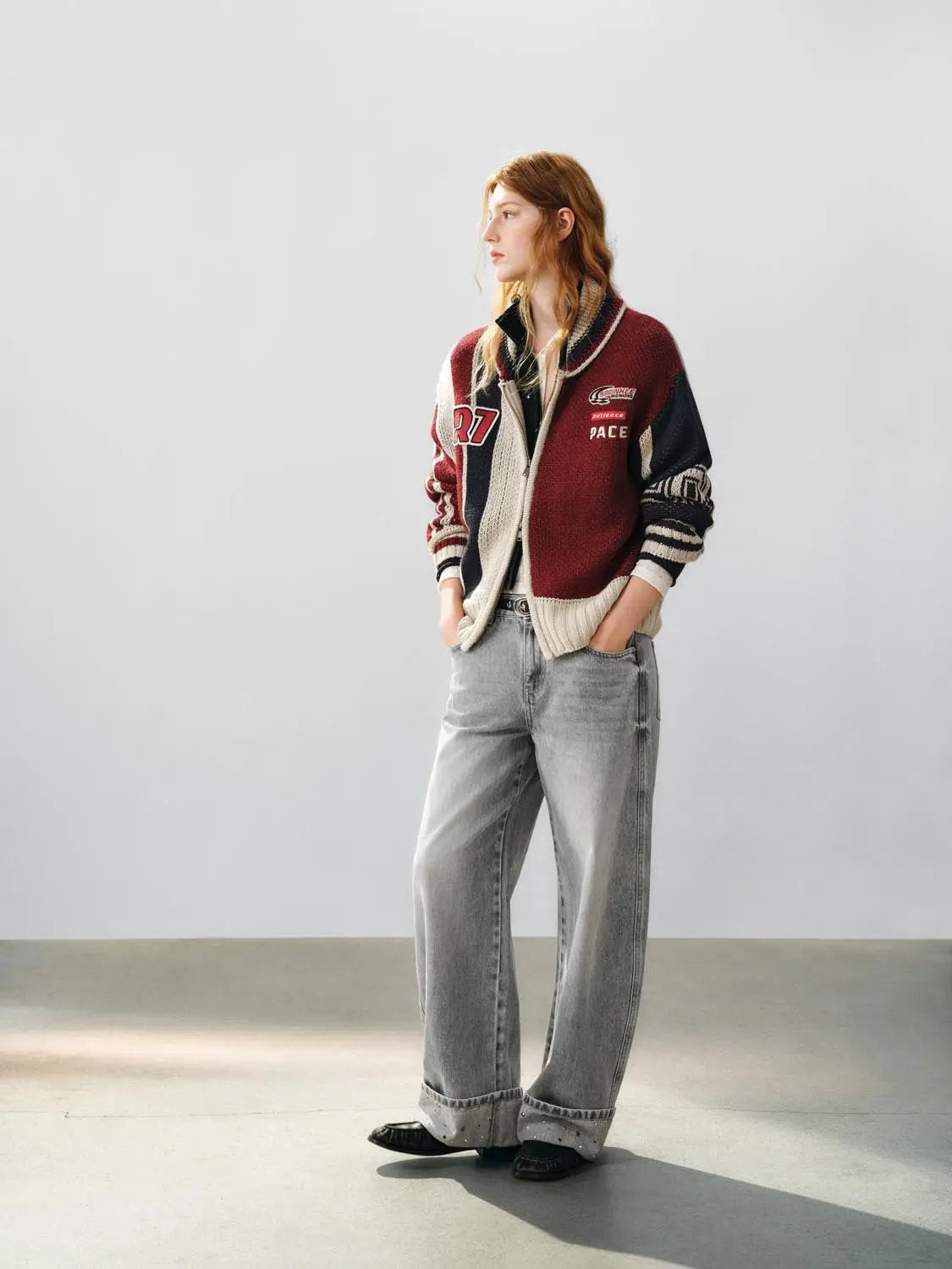Zip Front Striped Oversized Long Sleeve Knit Jacket