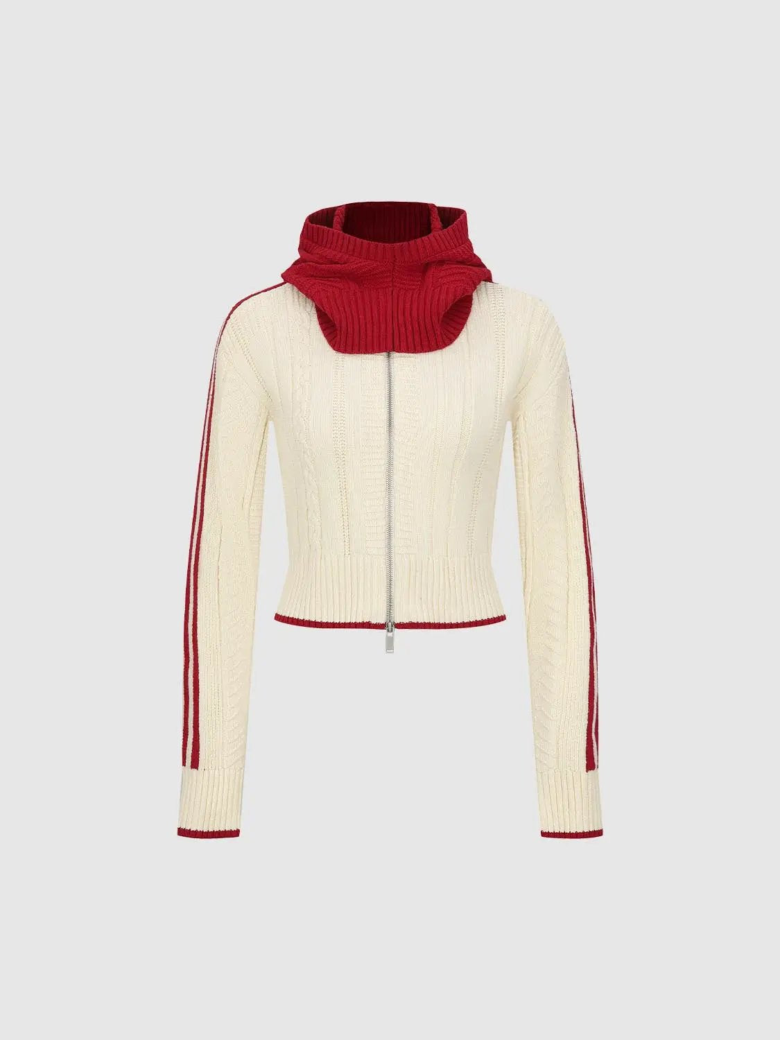 Striped Cable Knit Zip Front Long Sleeve Cotton Blend Jacket
