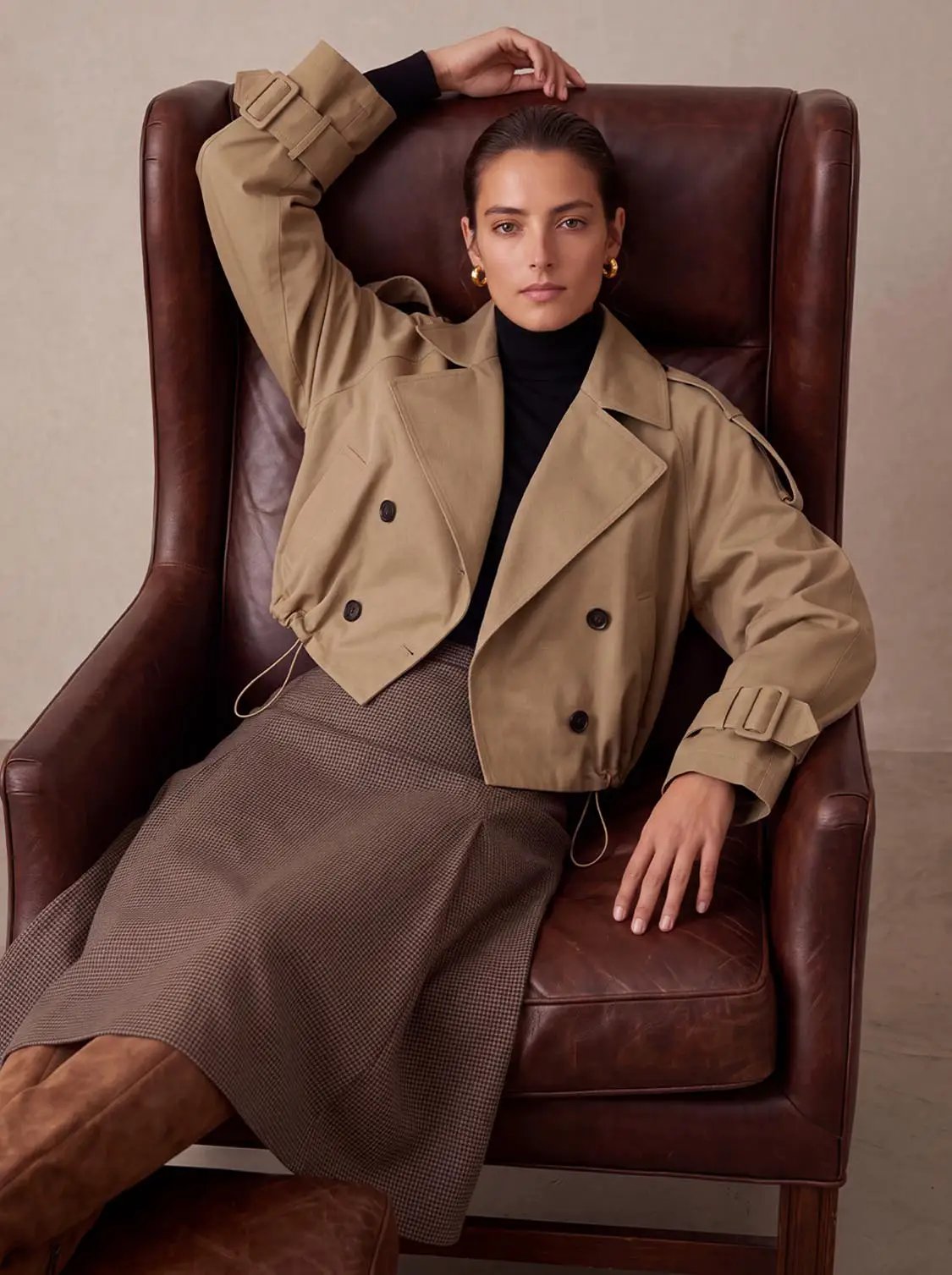 Lapel Double Breasted Cropped Cotton Trench Jacket