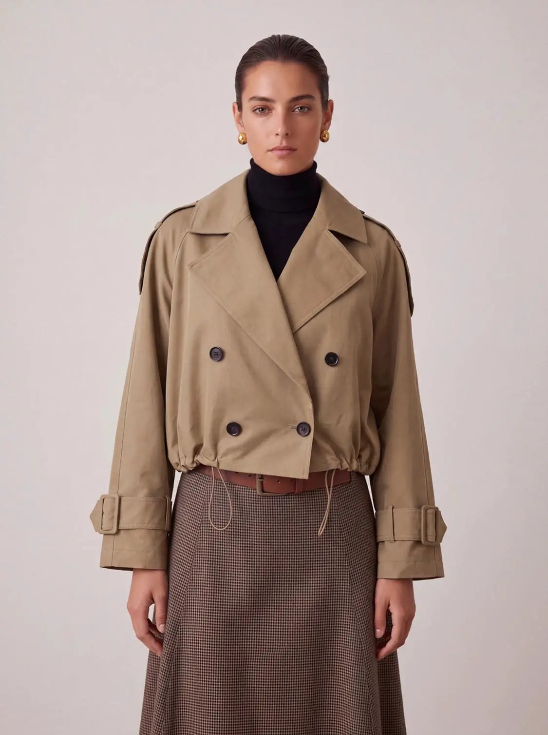 Lapel Double Breasted Cropped Cotton Trench Jacket