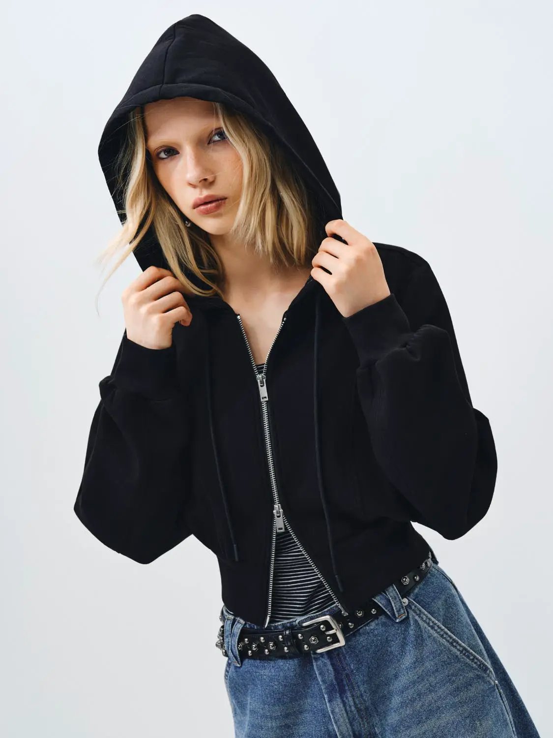Relaxed Fit Hooded Cotton Zip Front Jacket