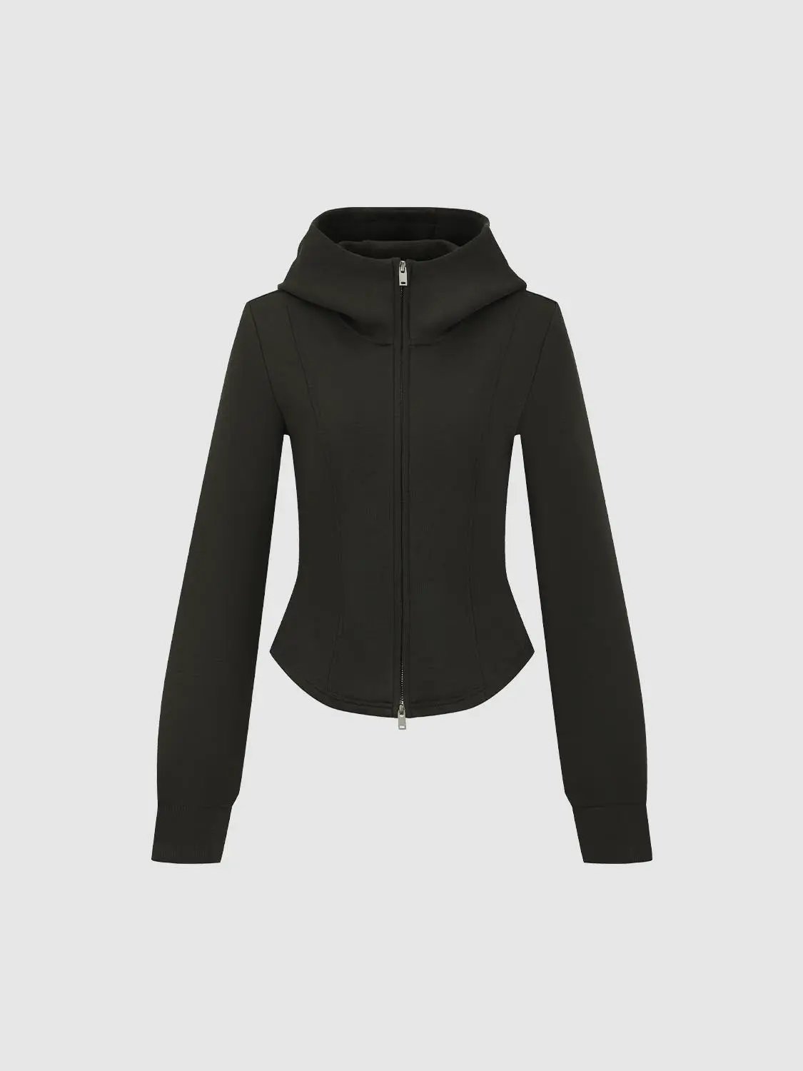 Fitted Full-Zip Curved Hem Cotton Blend Hoodie Jacket