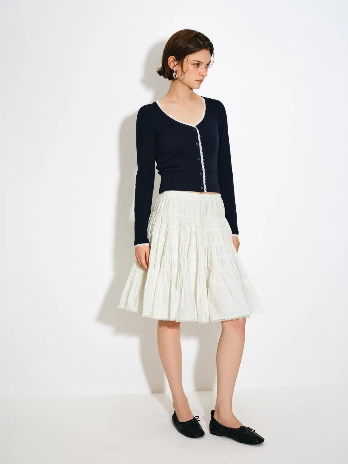 Lace Trim Button Front Cotton Long Sleeve Cardigan
