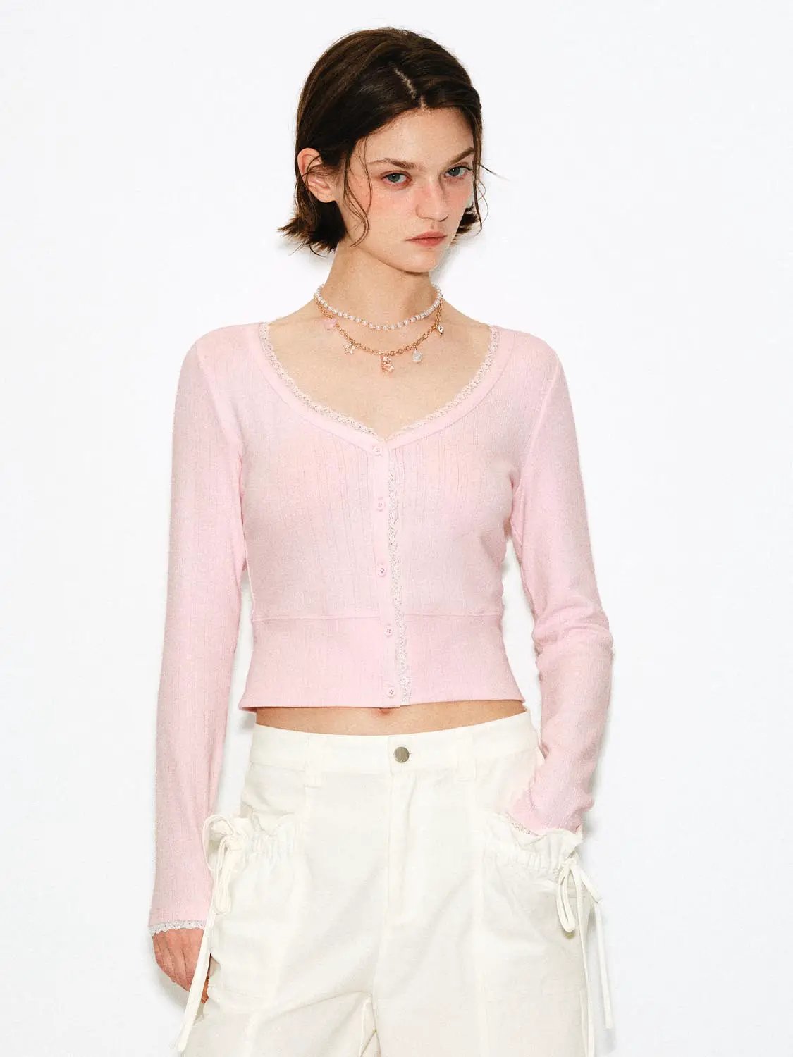 Lace Trim Button Front Cotton Long Sleeve Cardigan