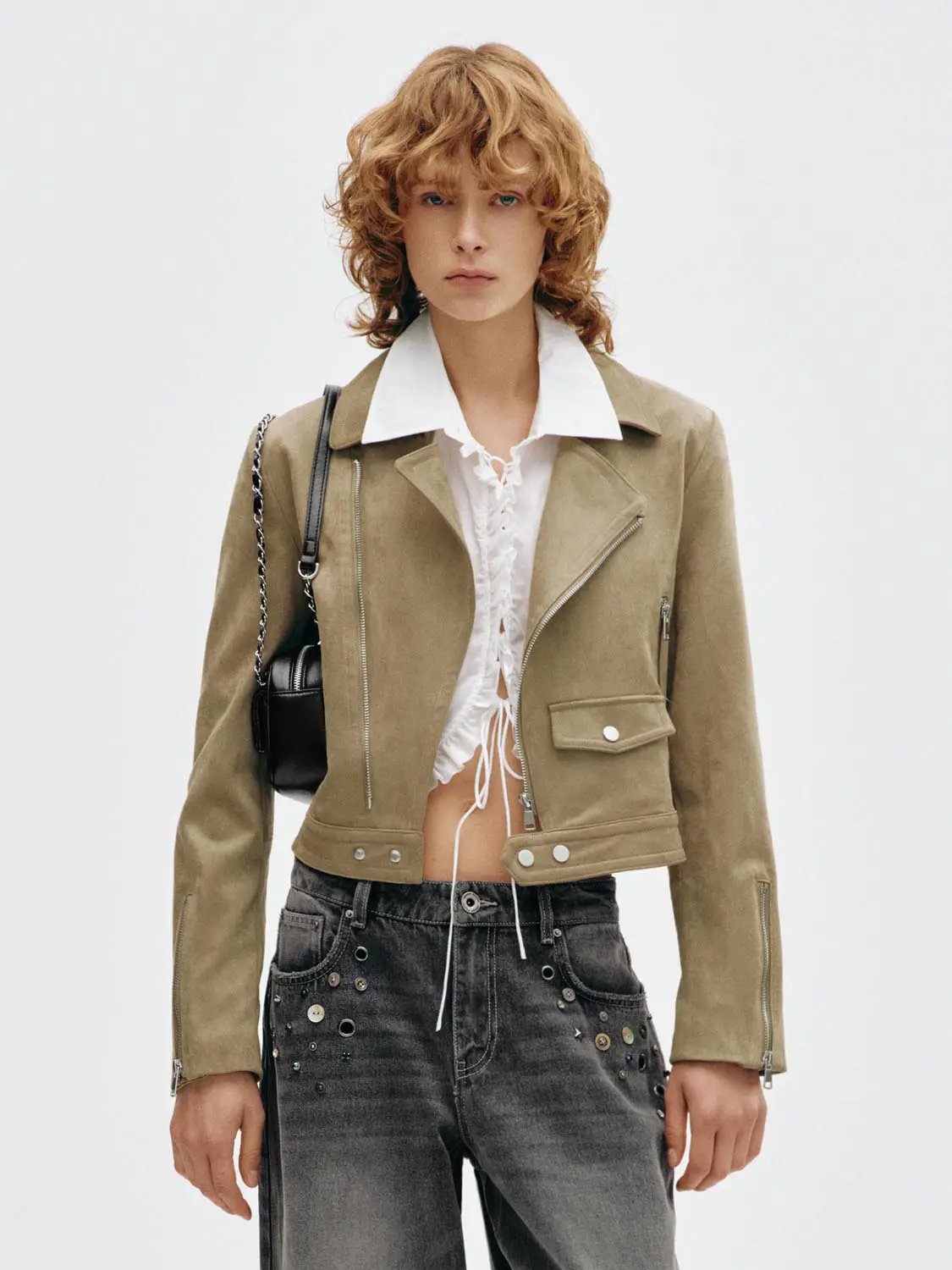 Long Sleeve Cropped Asymmetric Zippered Biker Jacket