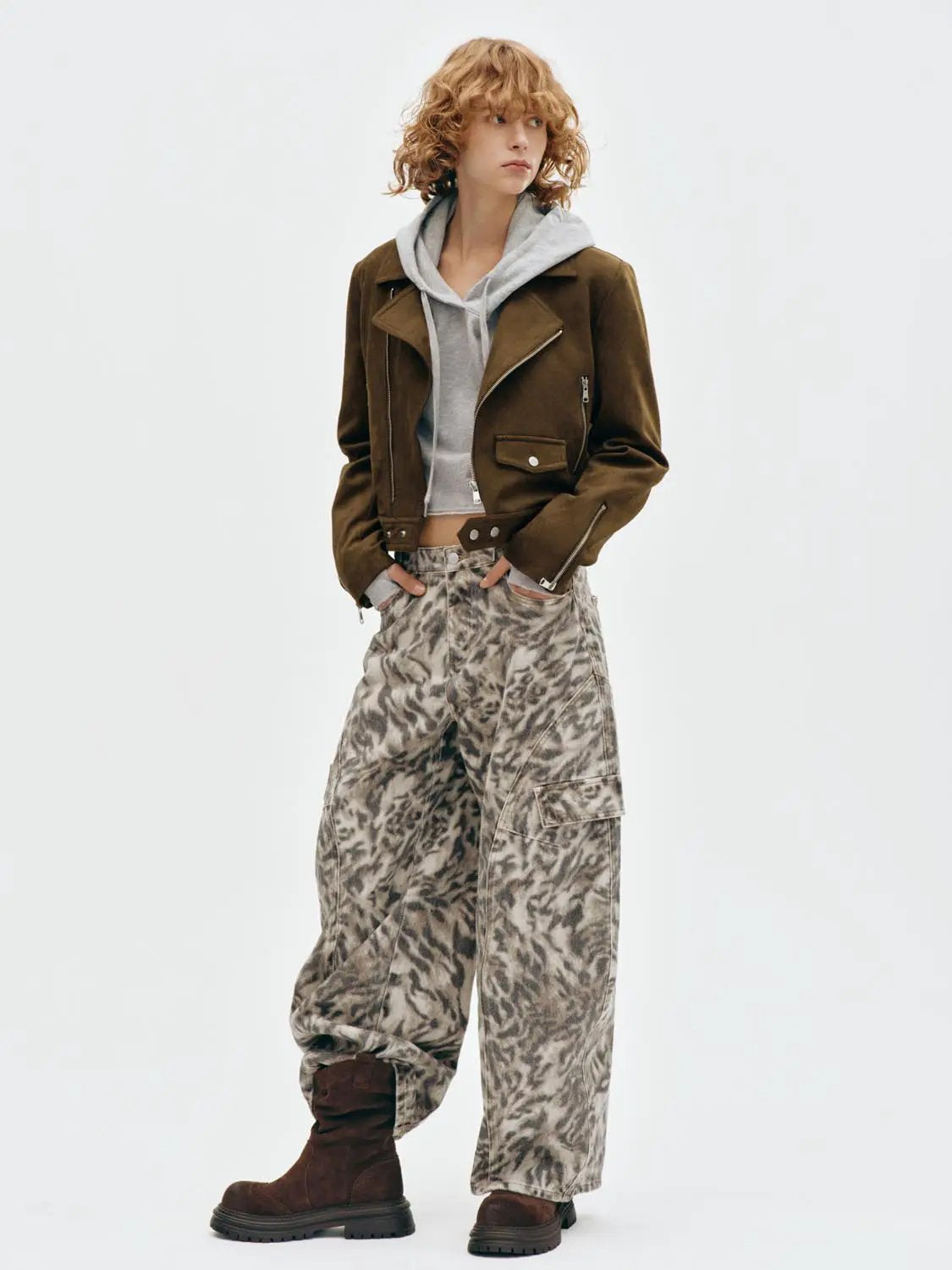 Long Sleeve Cropped Asymmetric Zippered Biker Jacket