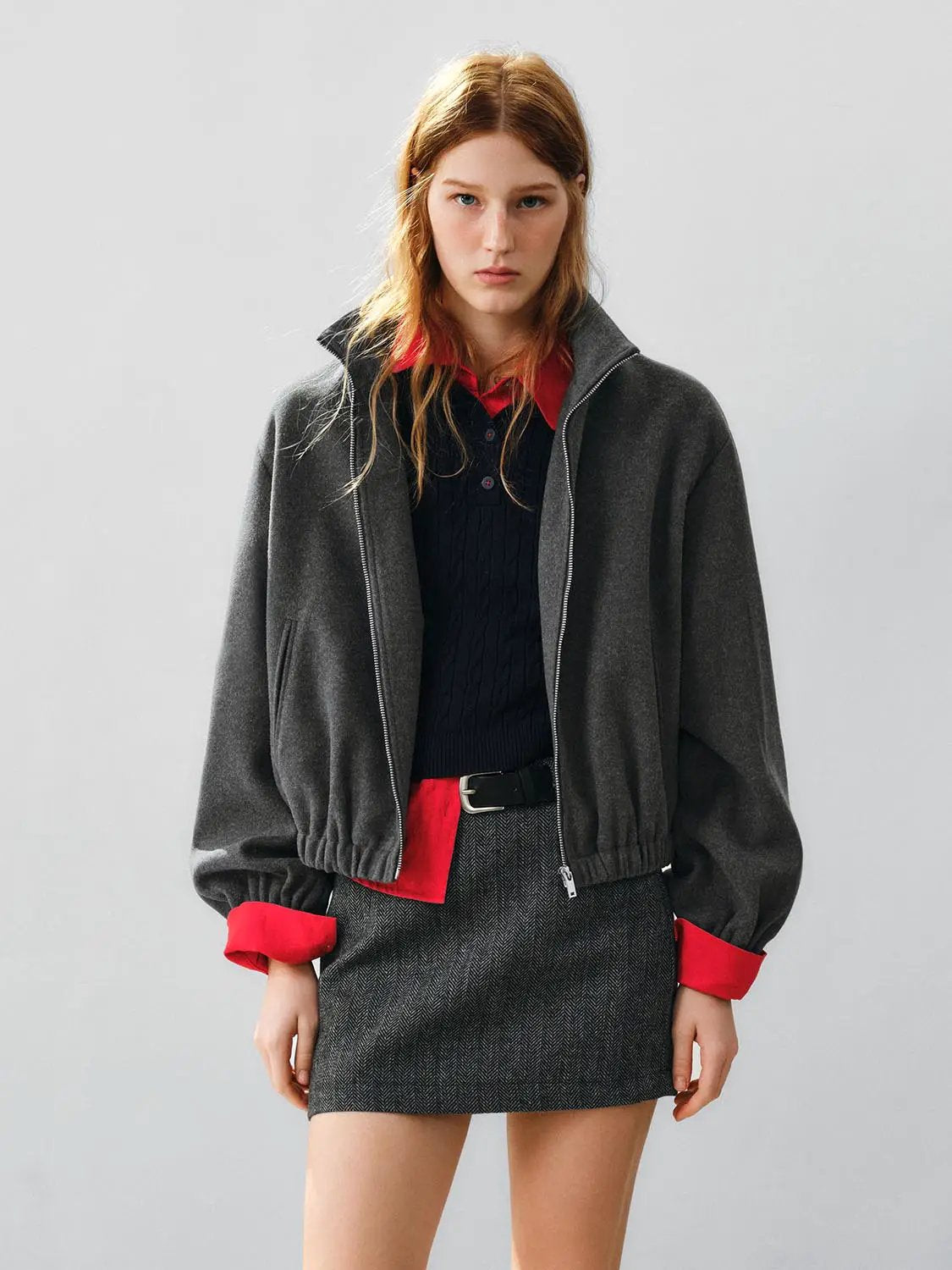 Textured Zip Front Oversized Mock Neck Long Sleeve Jacket