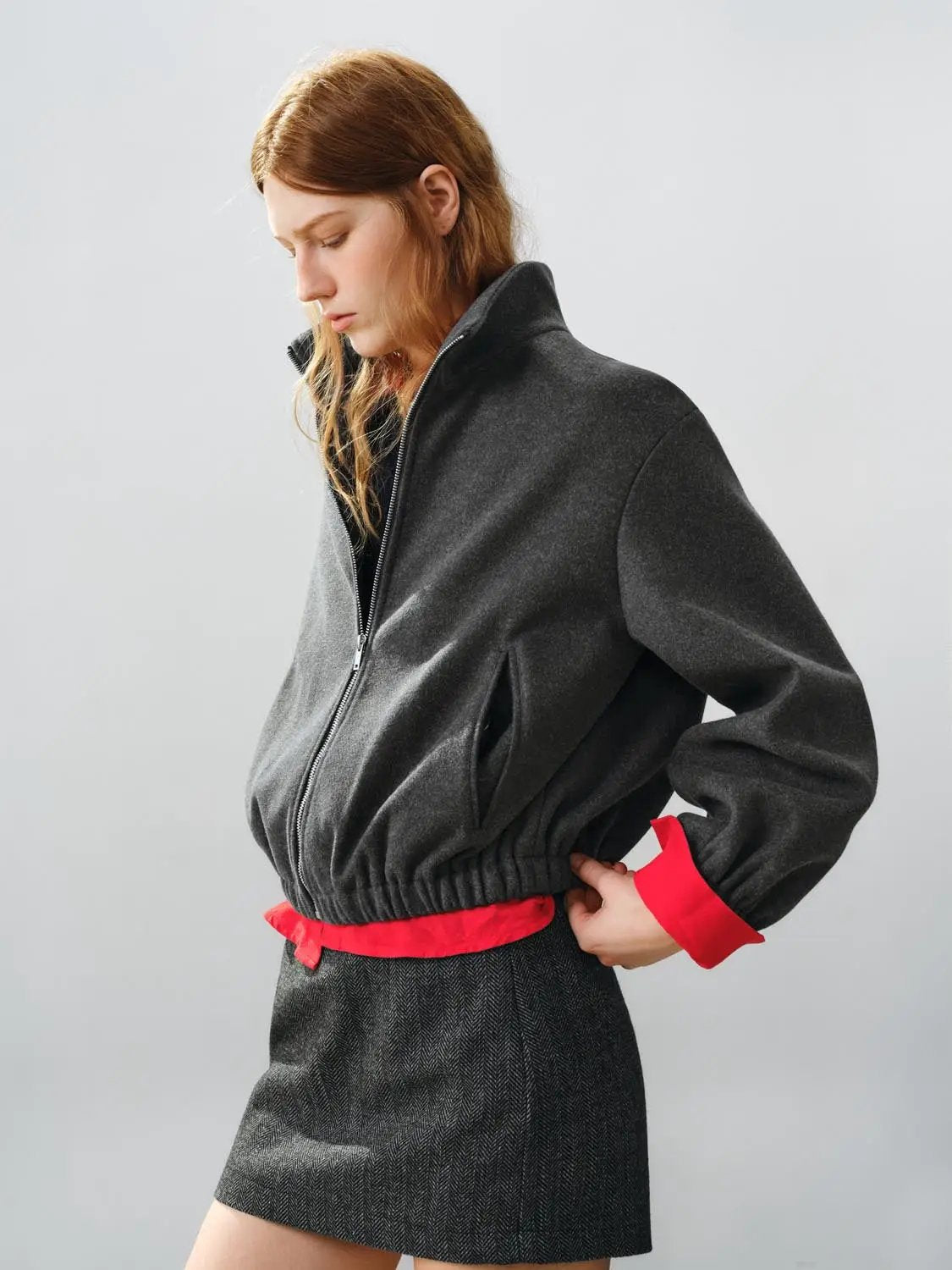 Textured Zip Front Oversized Mock Neck Long Sleeve Jacket