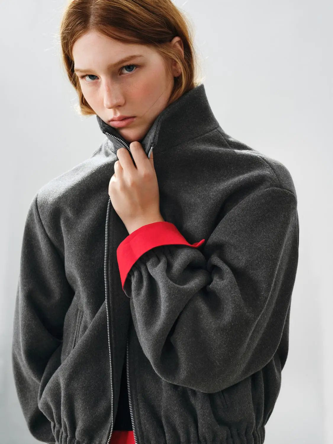 Textured Zip Front Oversized Mock Neck Long Sleeve Jacket