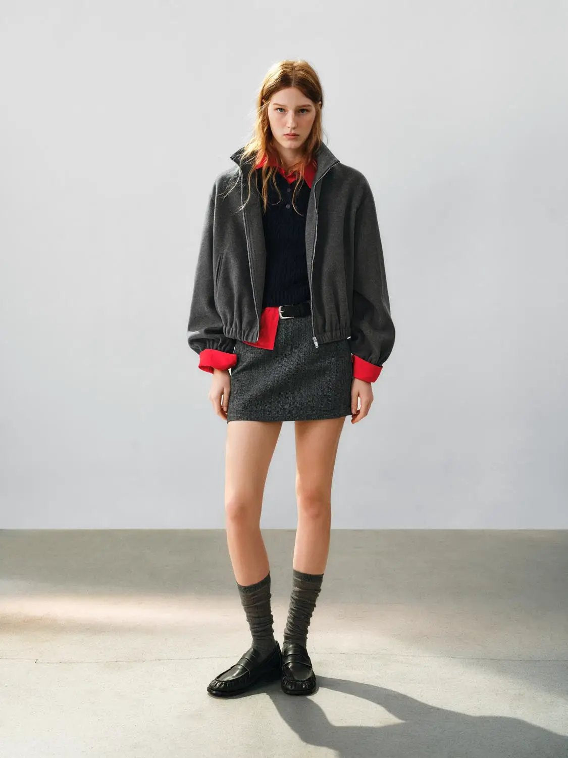Textured Zip Front Oversized Mock Neck Long Sleeve Jacket