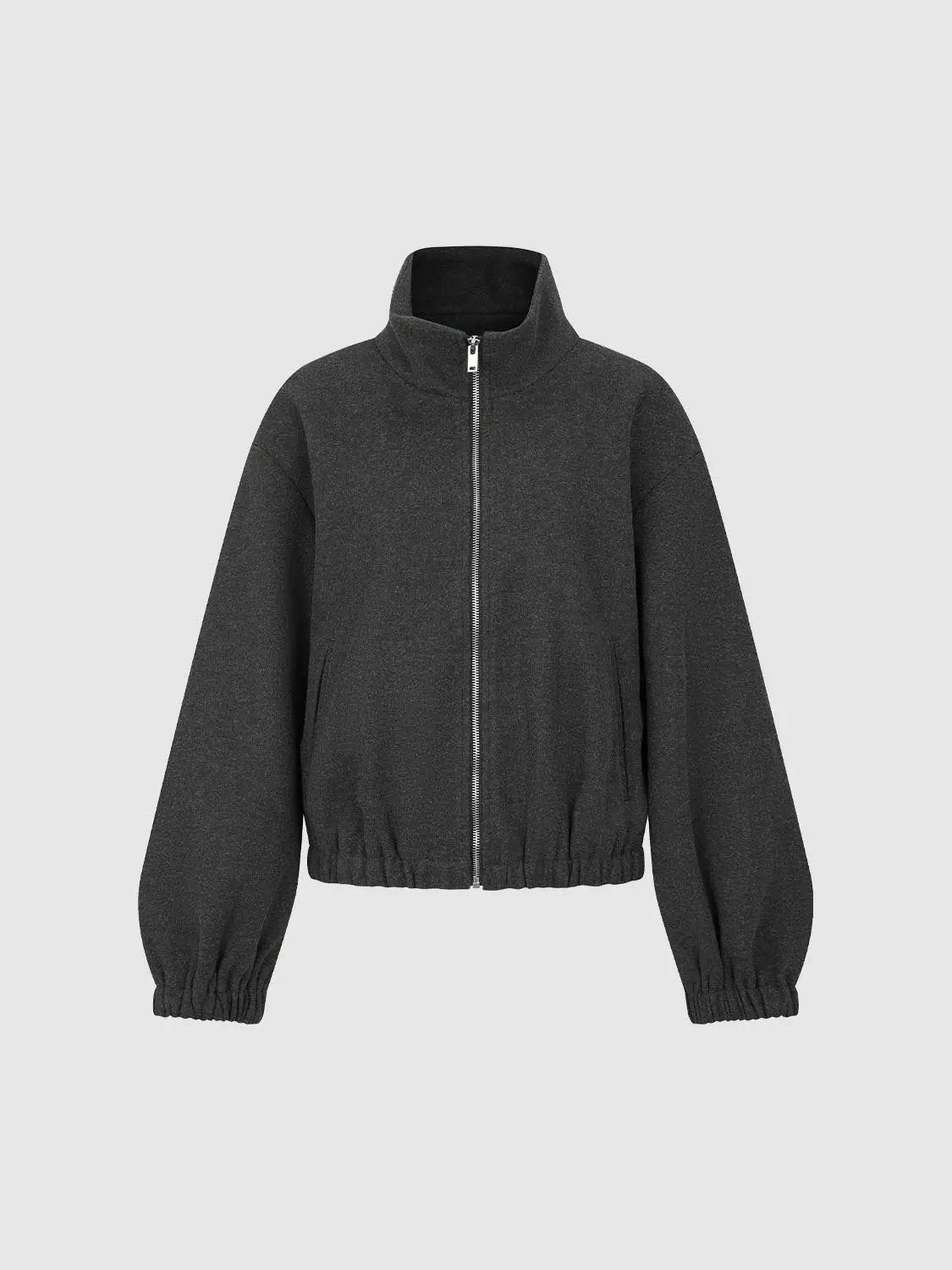 Textured Zip Front Oversized Mock Neck Long Sleeve Jacket