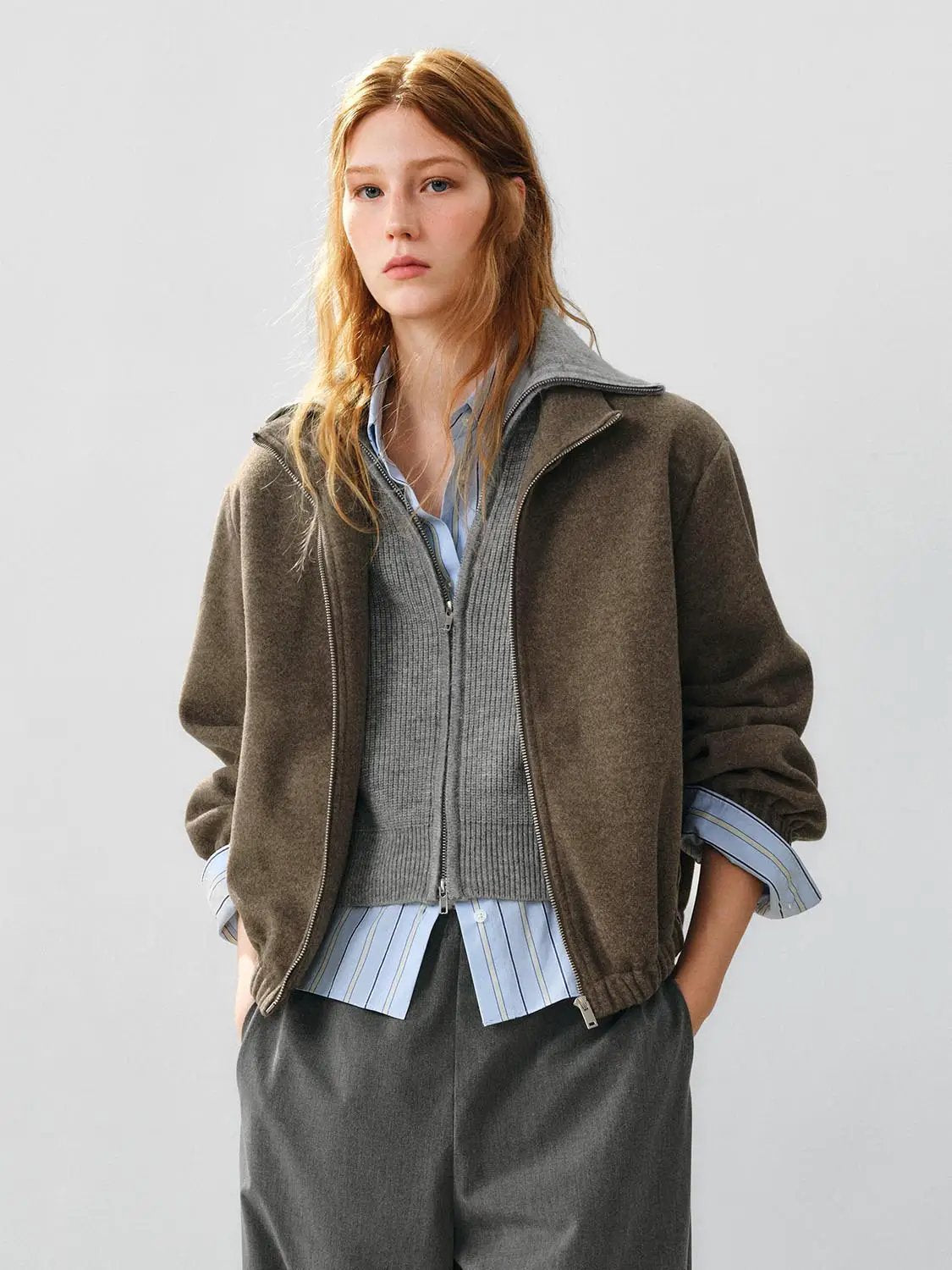 Textured Zip Front Oversized Mock Neck Long Sleeve Jacket
