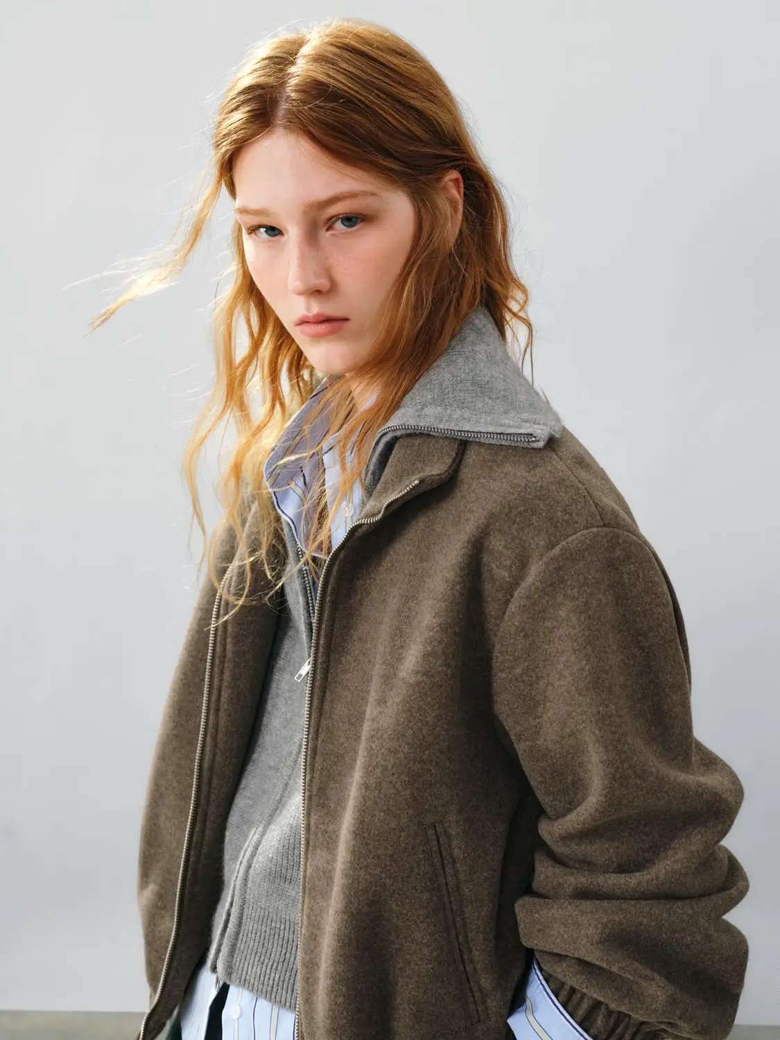 Textured Zip Front Oversized Mock Neck Long Sleeve Jacket