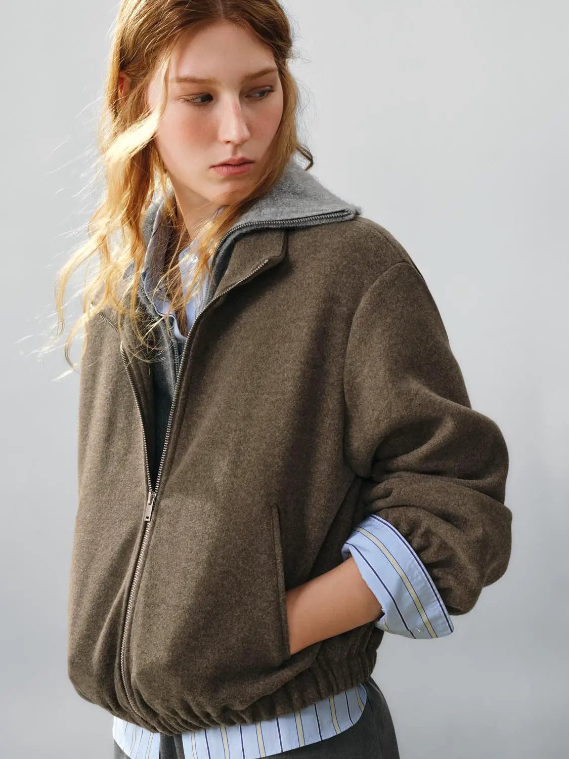 Textured Zip Front Oversized Mock Neck Long Sleeve Jacket