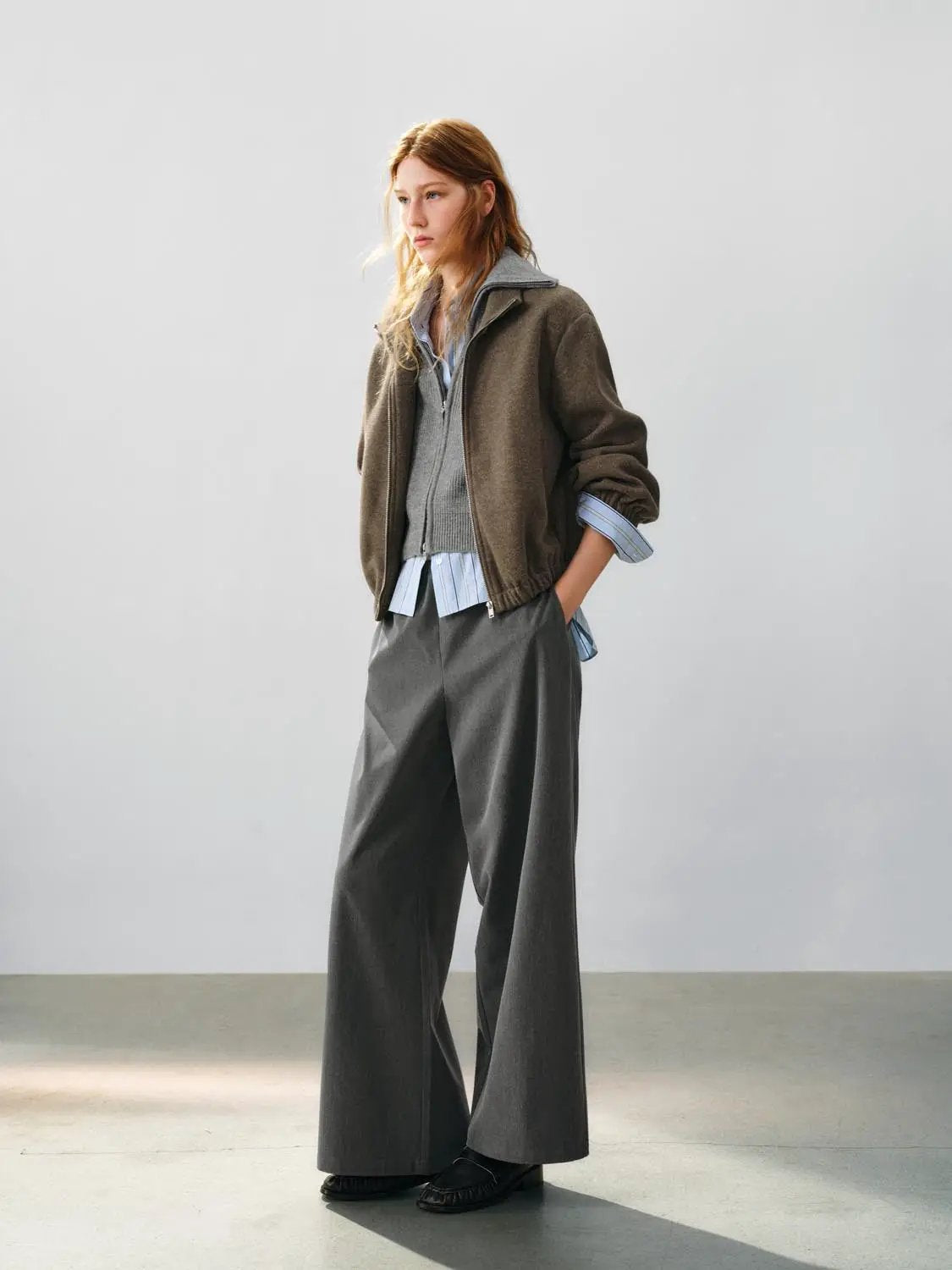 Textured Zip Front Oversized Mock Neck Long Sleeve Jacket
