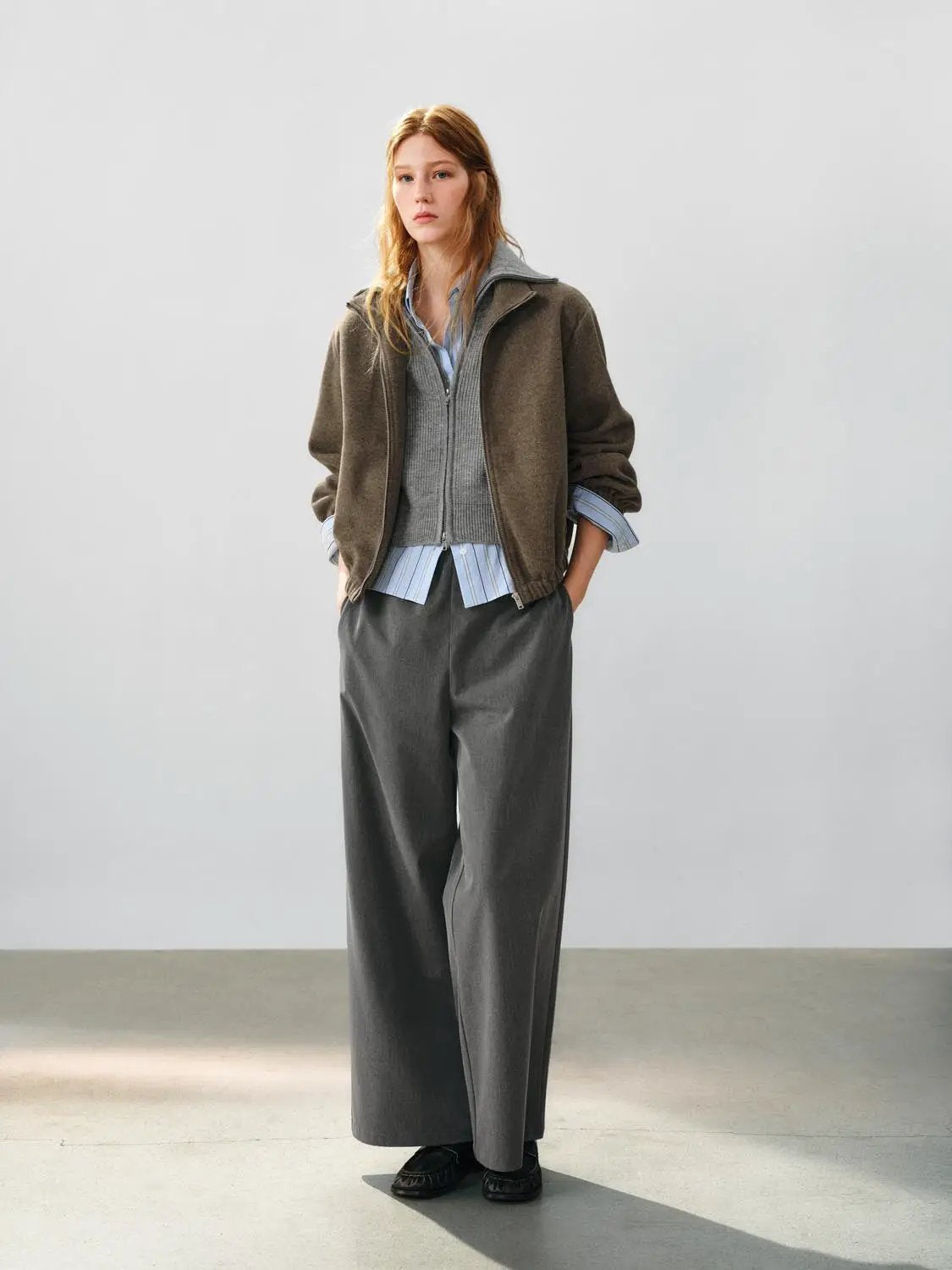 Textured Zip Front Oversized Mock Neck Long Sleeve Jacket