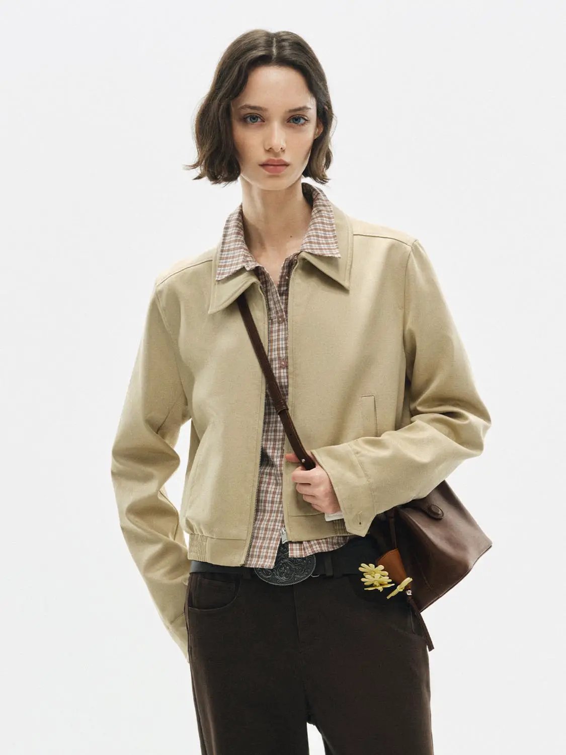 Zip Front Elasticated Hem Shirt Collar Long Sleeve Jacket