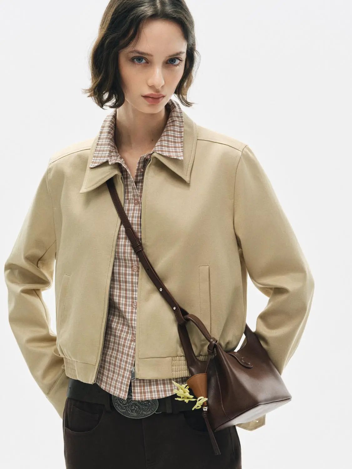 Zip Front Elasticated Hem Shirt Collar Long Sleeve Jacket