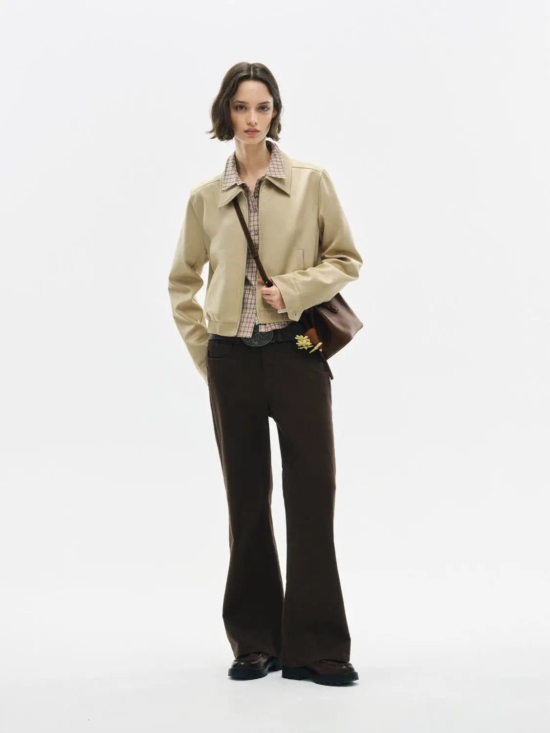 Zip Front Elasticated Hem Shirt Collar Long Sleeve Jacket