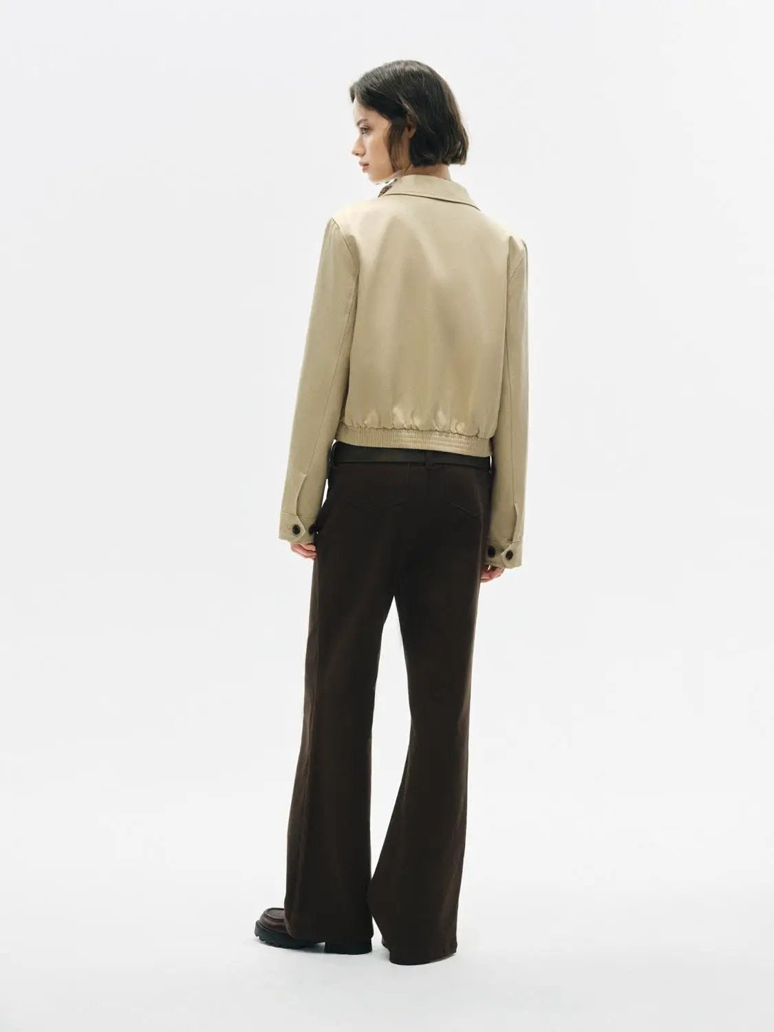 Zip Front Elasticated Hem Shirt Collar Long Sleeve Jacket