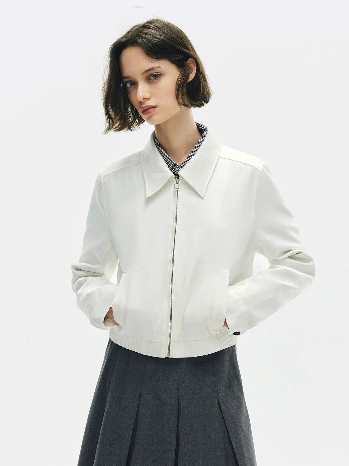Zip Front Elasticated Hem Shirt Collar Long Sleeve Jacket