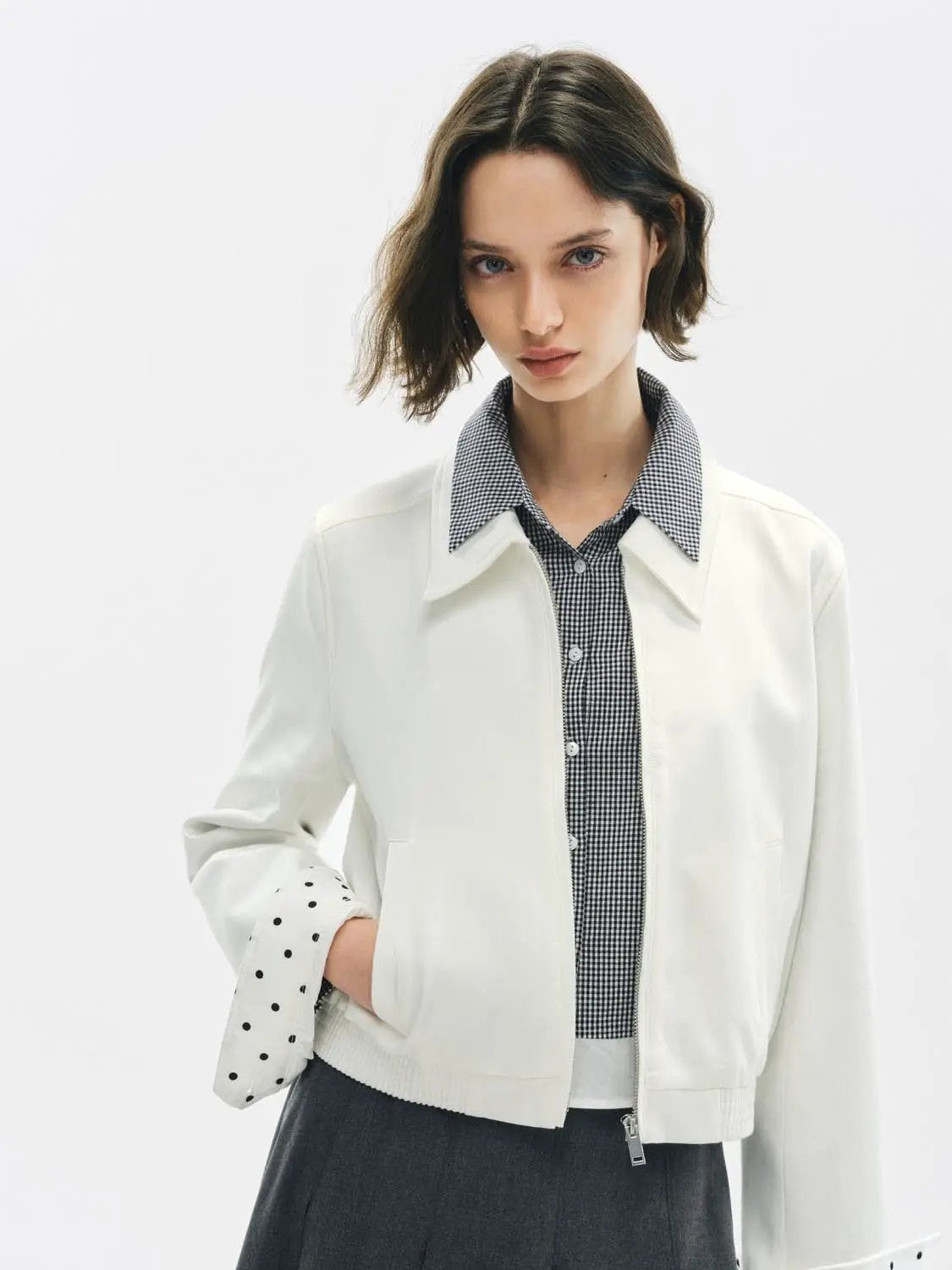 Zip Front Elasticated Hem Shirt Collar Long Sleeve Jacket