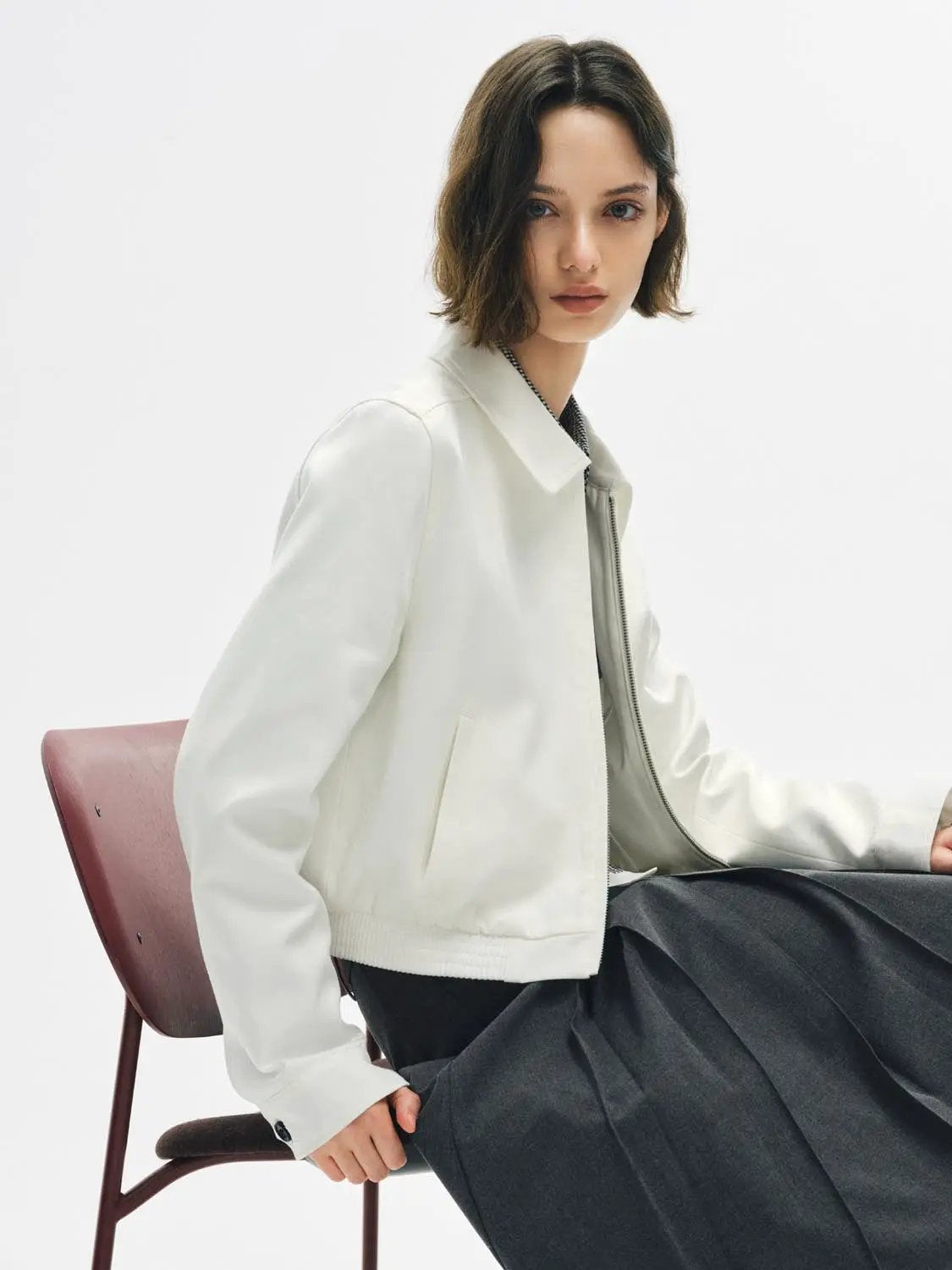 Zip Front Elasticated Hem Shirt Collar Long Sleeve Jacket