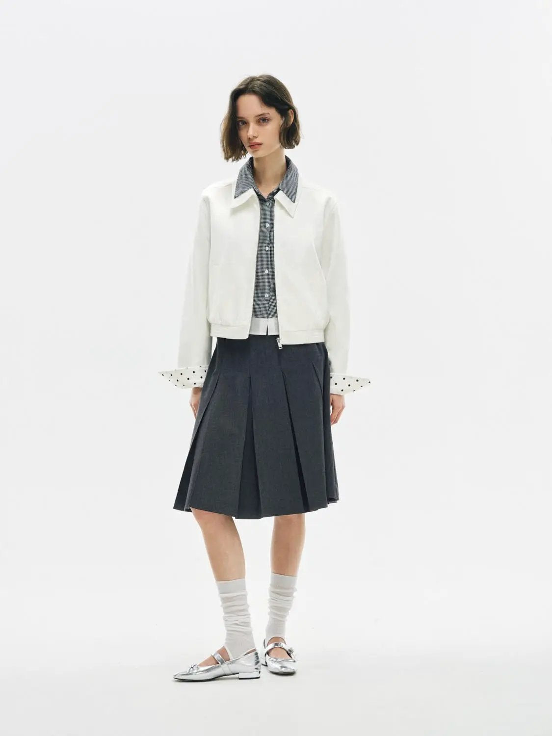 Zip Front Elasticated Hem Shirt Collar Long Sleeve Jacket