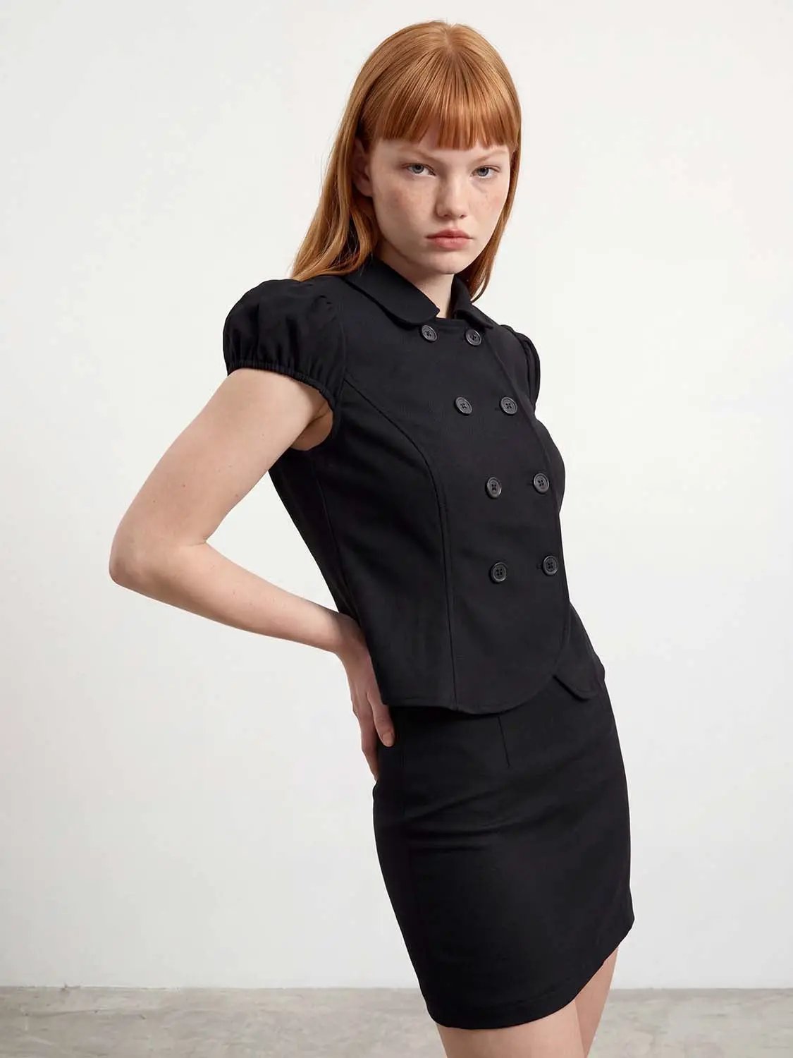 Cropped Double-breasted Short Sleeve Cotton Blend Jacket