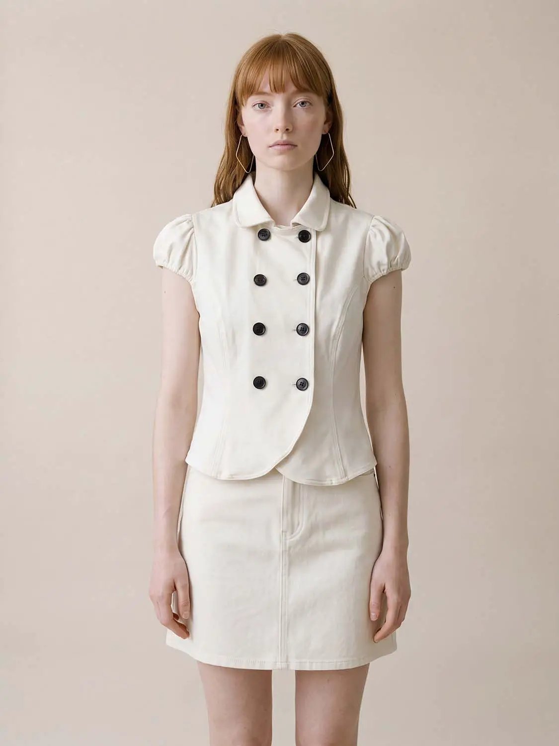 Cropped Double-breasted Short Sleeve Cotton Blend Jacket