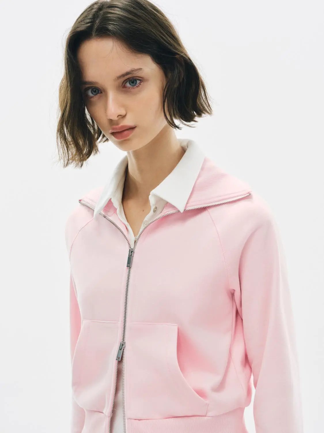 Zip Front Long Sleeve Cotton Blend Sweatshirt Jacket
