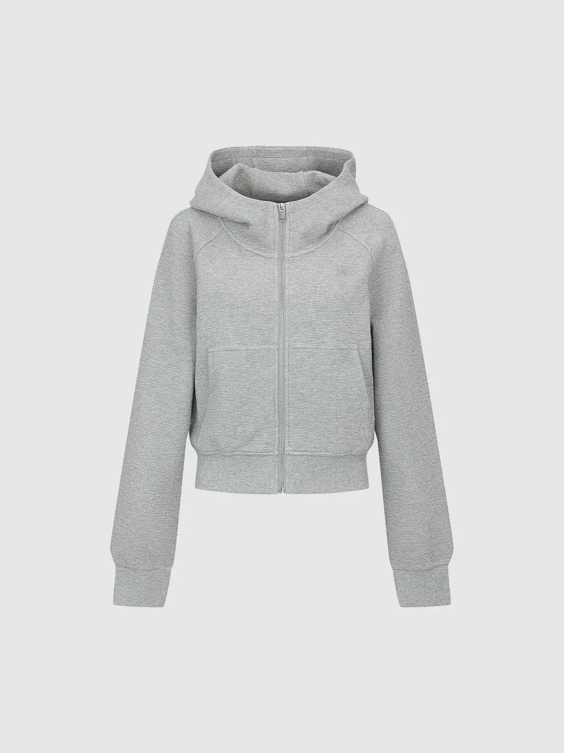 Zip Front Textured Long Sleeve Cotton Blend Hoodie