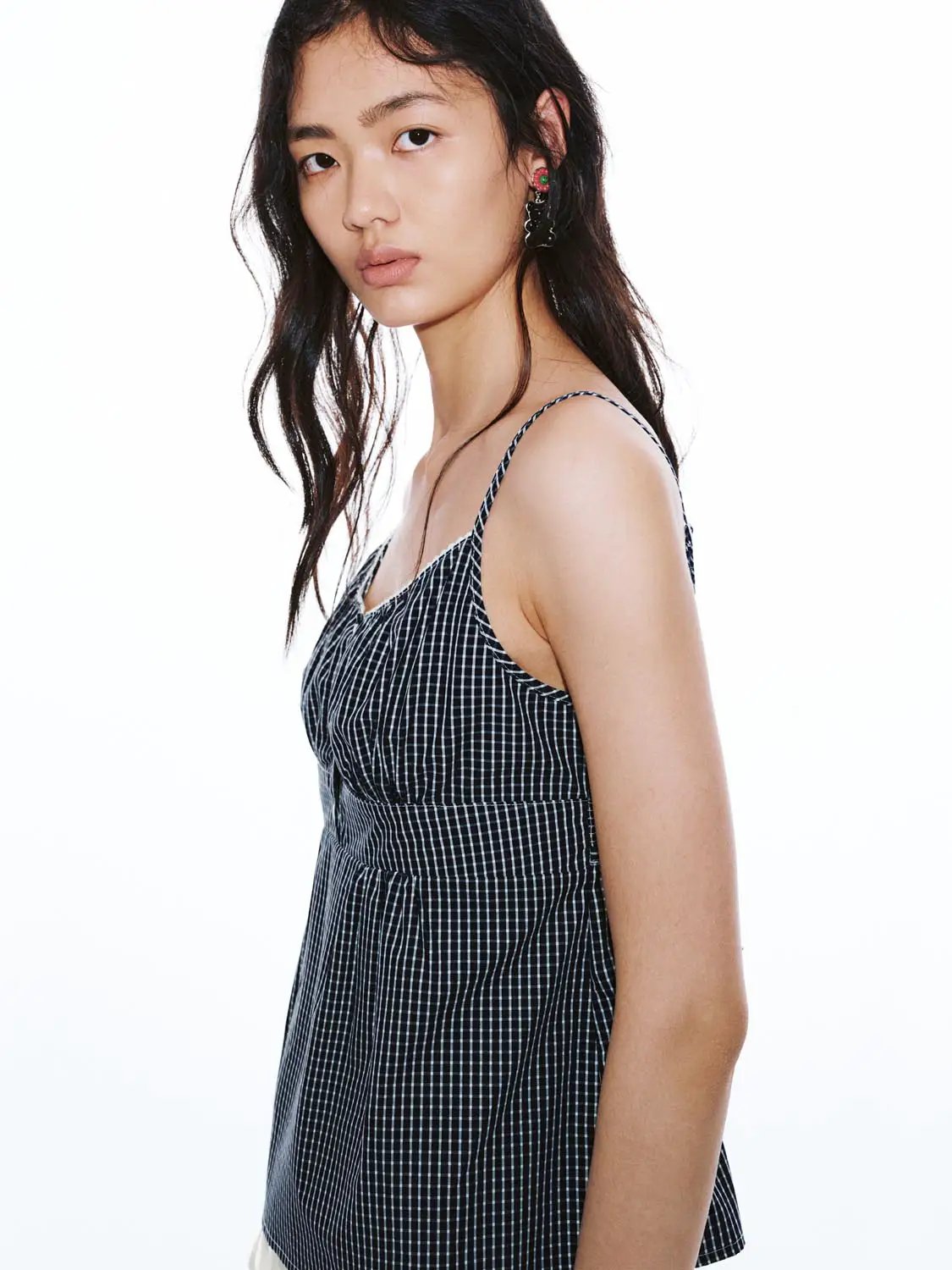Square Neck Button Front Gingham Slim Fit Cotton Cami Top