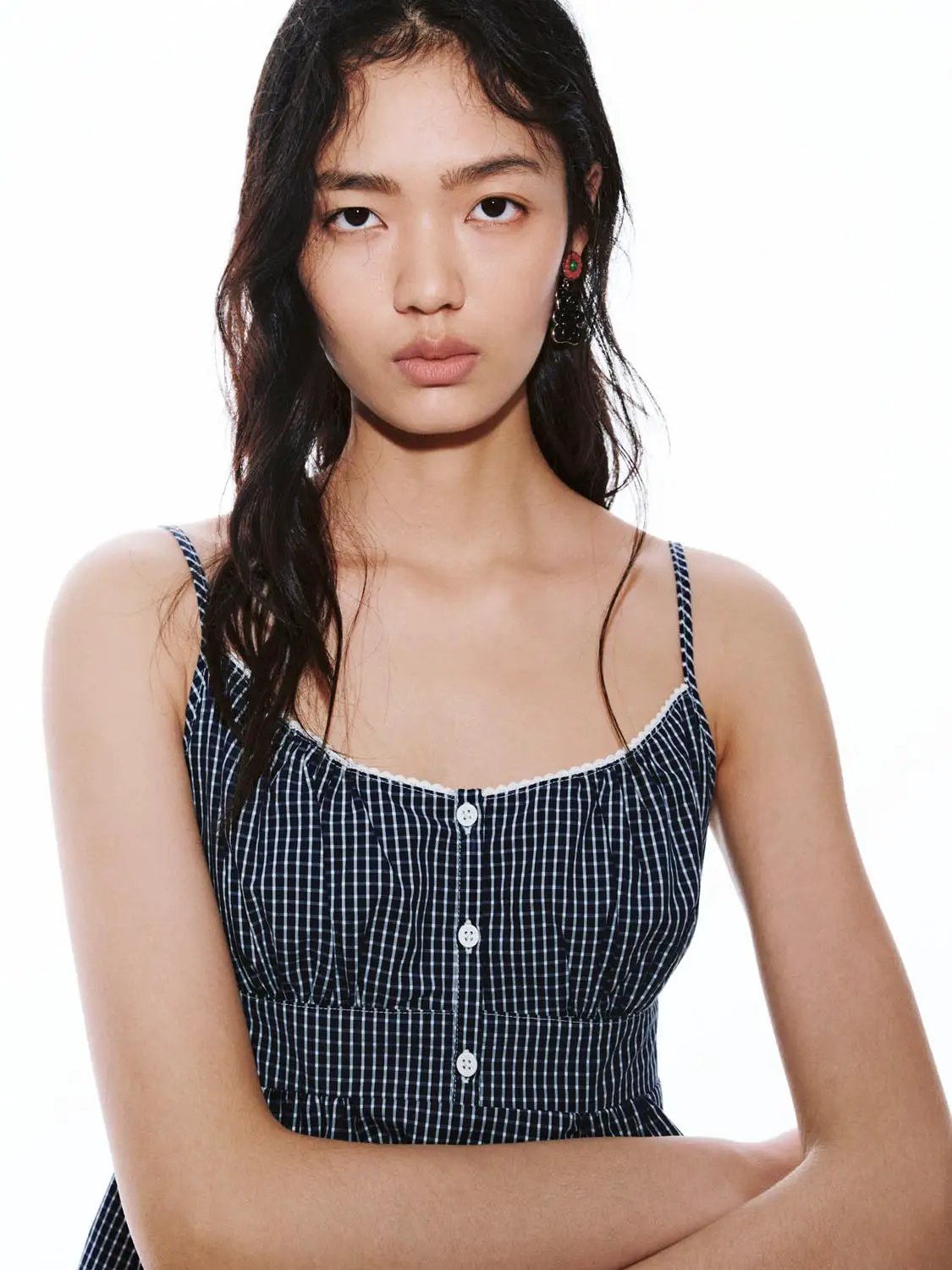 Square Neck Button Front Gingham Slim Fit Cotton Cami Top