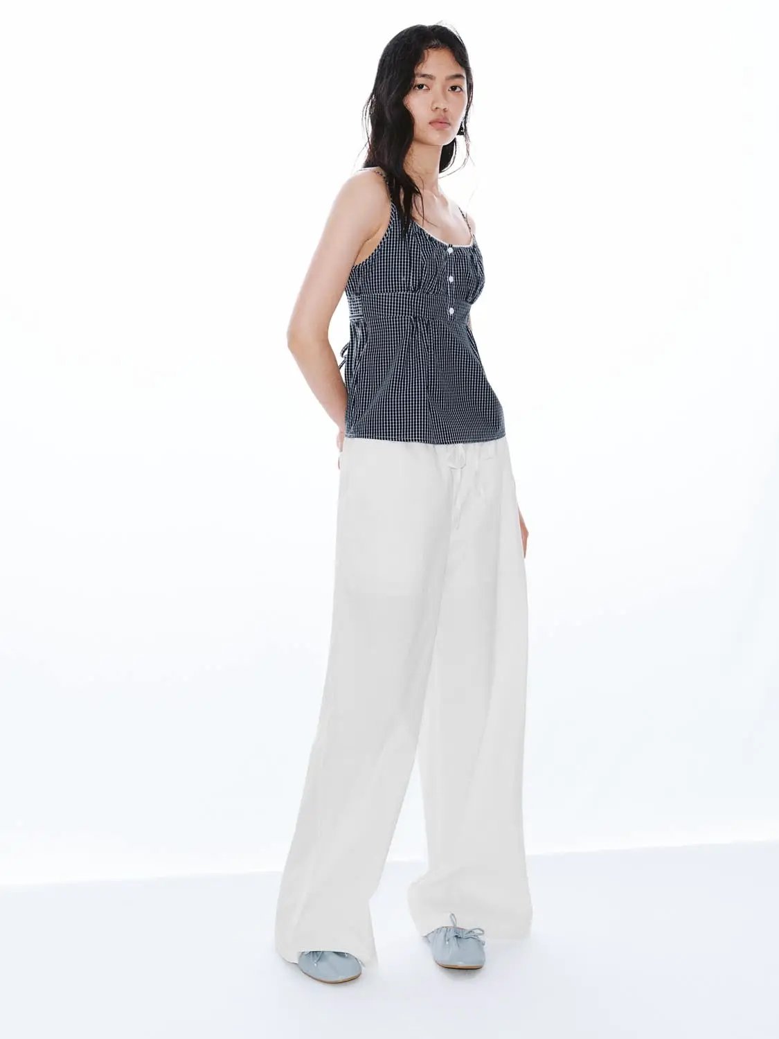 Square Neck Button Front Gingham Slim Fit Cotton Cami Top