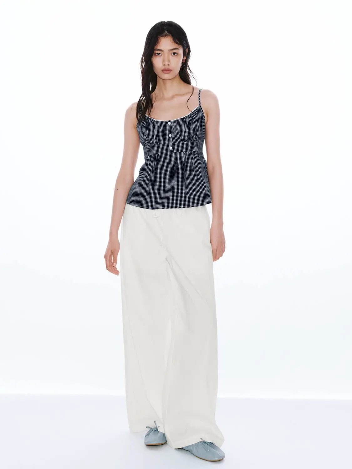 Square Neck Button Front Gingham Slim Fit Cotton Cami Top