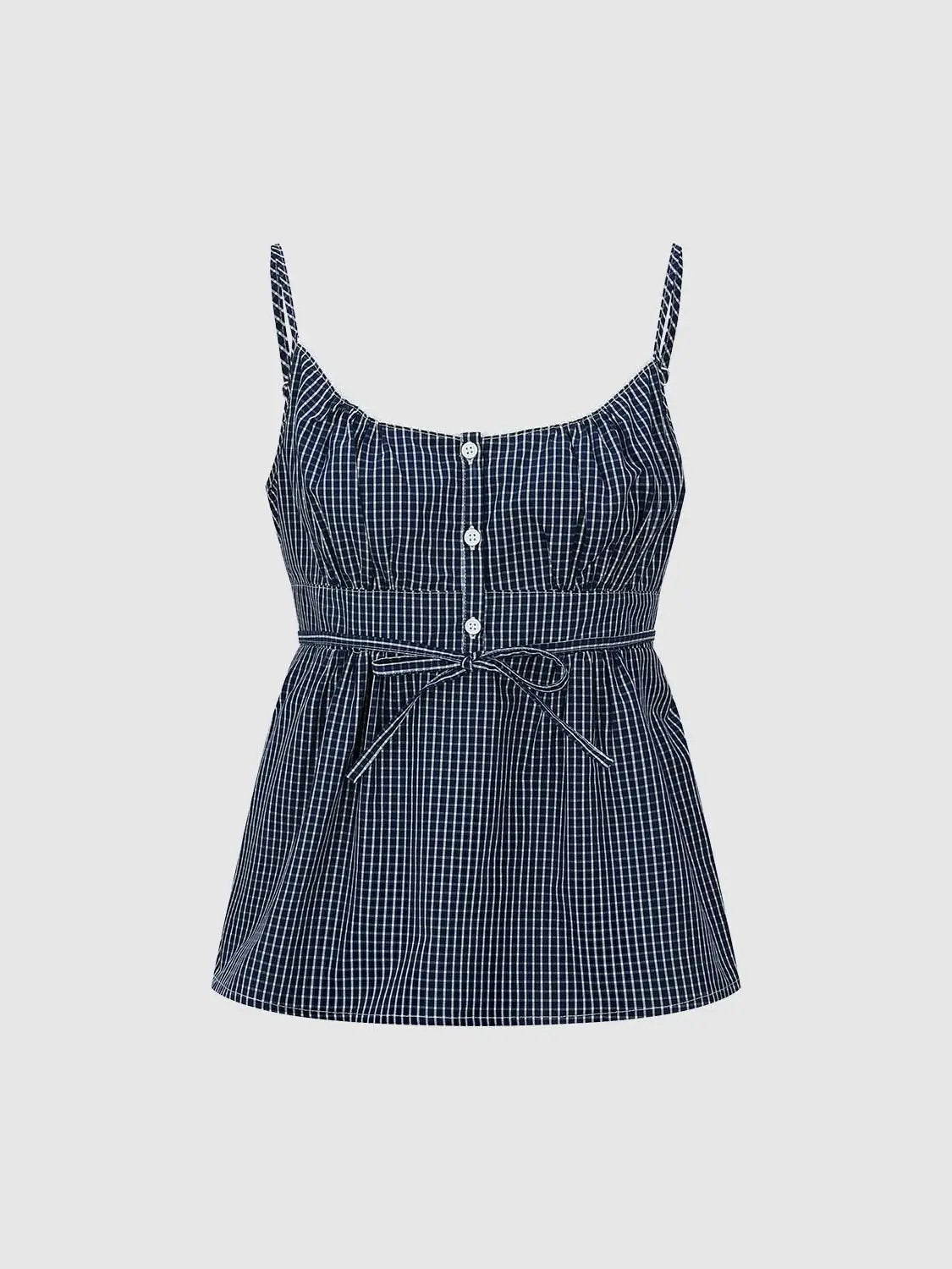 Square Neck Button Front Gingham Slim Fit Cotton Cami Top