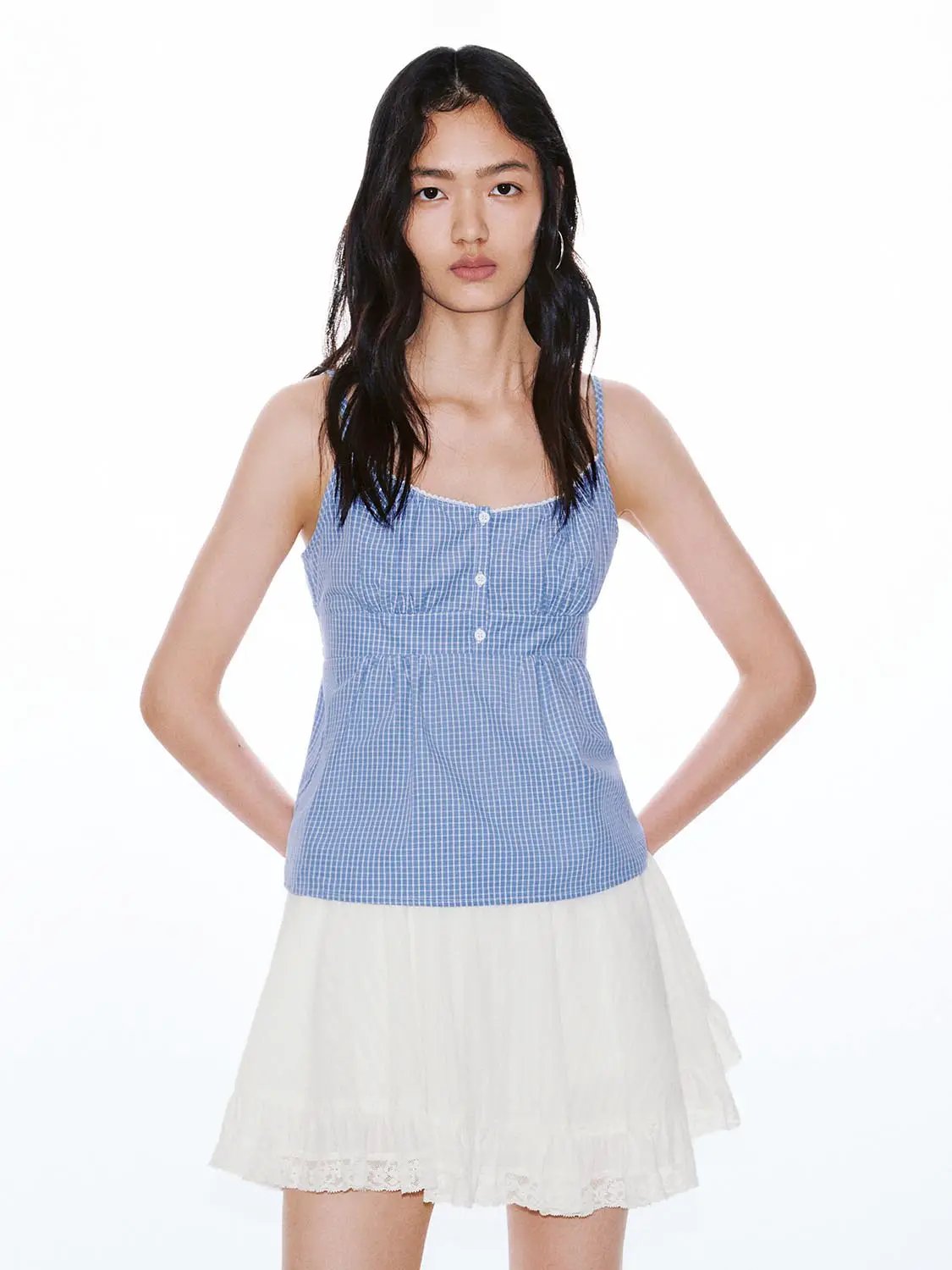 Square Neck Button Front Gingham Slim Fit Cotton Cami Top