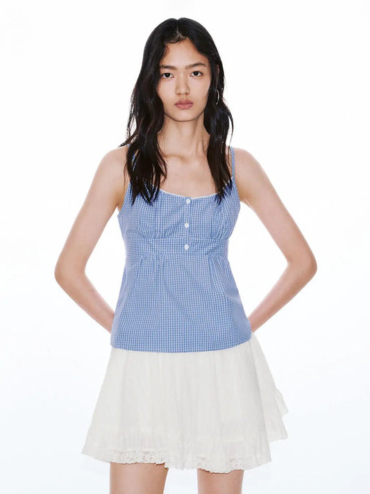 Square Neck Button Front Gingham Slim Fit Cotton Cami Top