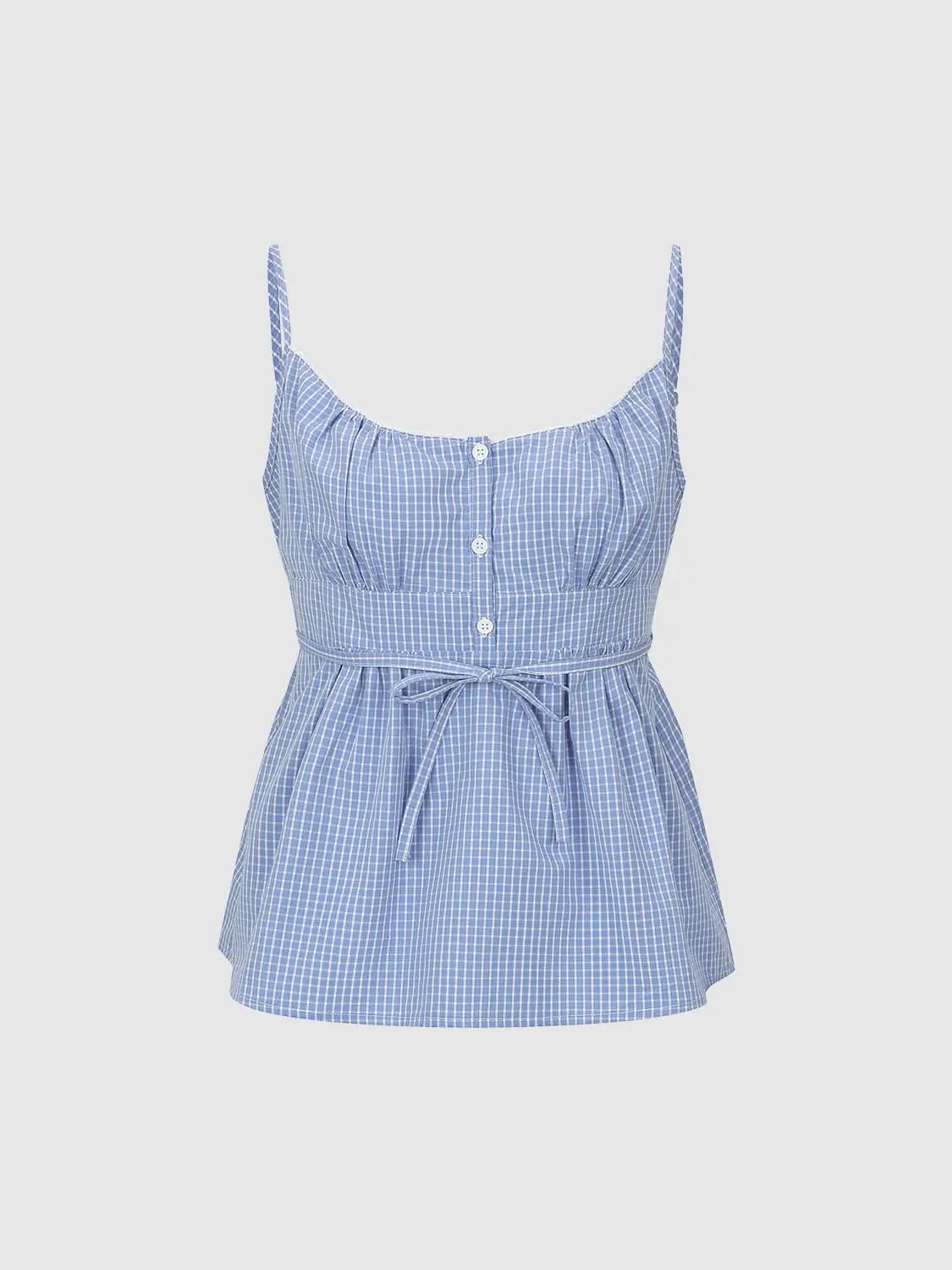 Square Neck Button Front Gingham Slim Fit Cotton Cami Top