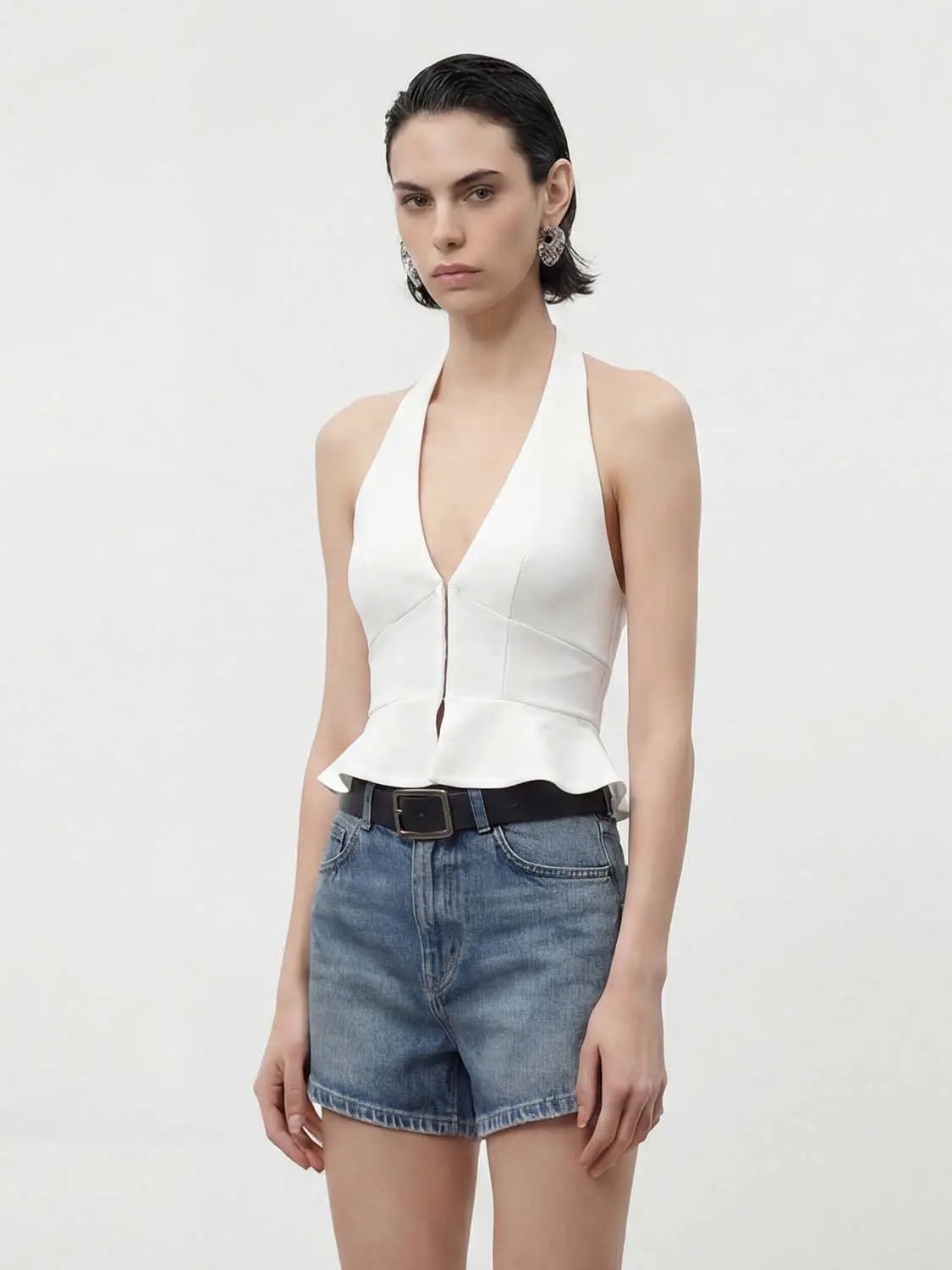 Peplum Zipper Front Fit Versatile Halter Sleeveless Shirt